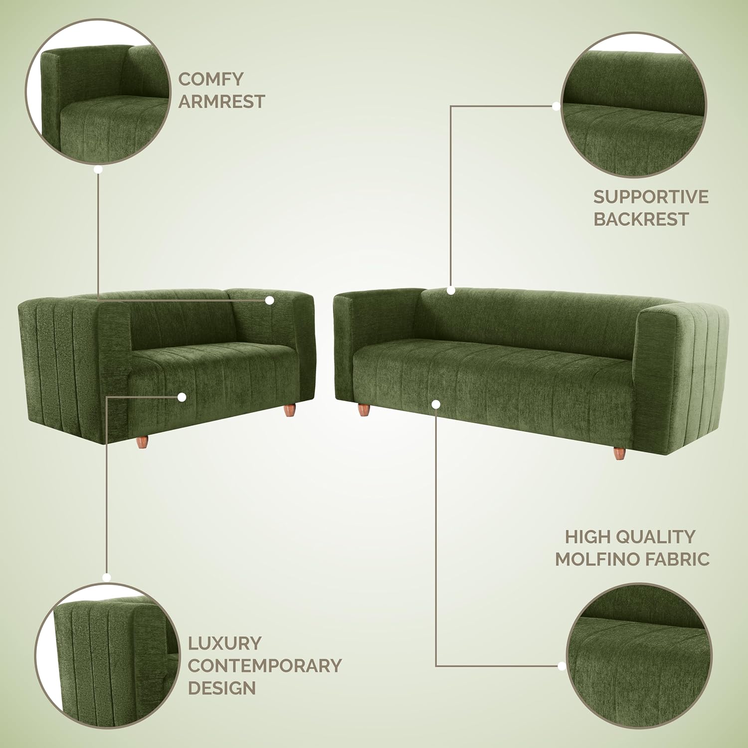 Tokyo 3+2 Seater Sofa Set | Luxury Comfort | Extra Spacious | Stylish Wooden Frame | Elegant Couch for Living Room, Lounge & Office | Premium Seating (Chenille Molfino - Green) - Image 5