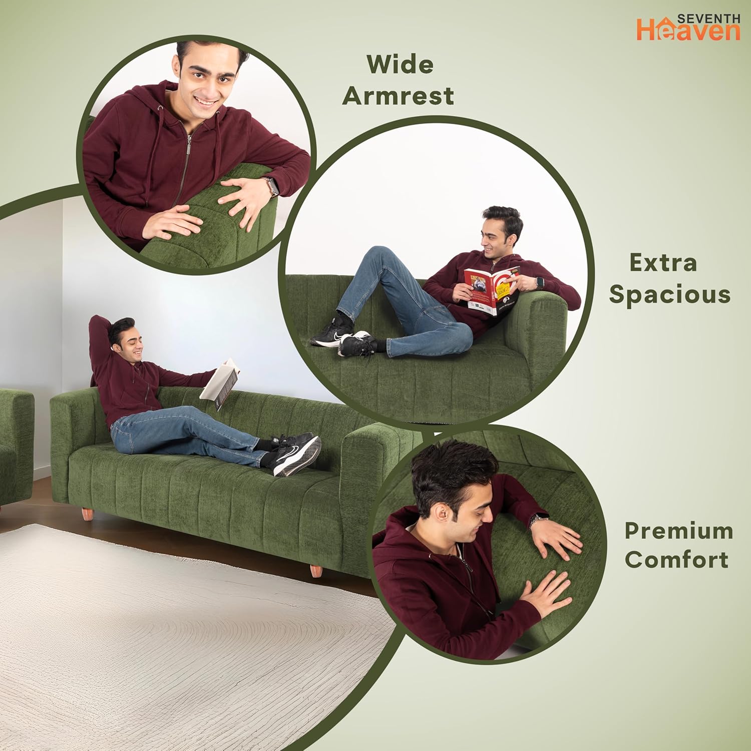 Tokyo 3+2 Seater Sofa Set | Luxury Comfort | Extra Spacious | Stylish Wooden Frame | Elegant Couch for Living Room, Lounge & Office | Premium Seating (Chenille Molfino - Green) - Image 6