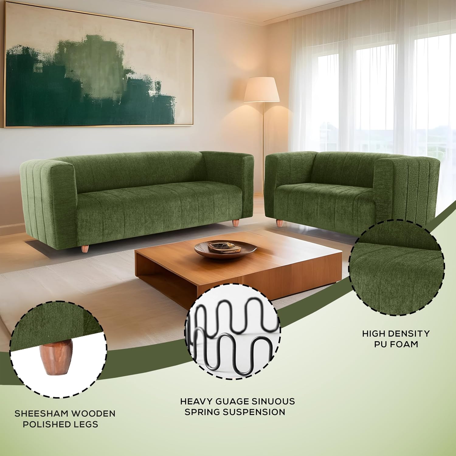 Tokyo 3+2 Seater Sofa Set | Luxury Comfort | Extra Spacious | Stylish Wooden Frame | Elegant Couch for Living Room, Lounge & Office | Premium Seating (Chenille Molfino - Green) - Image 7
