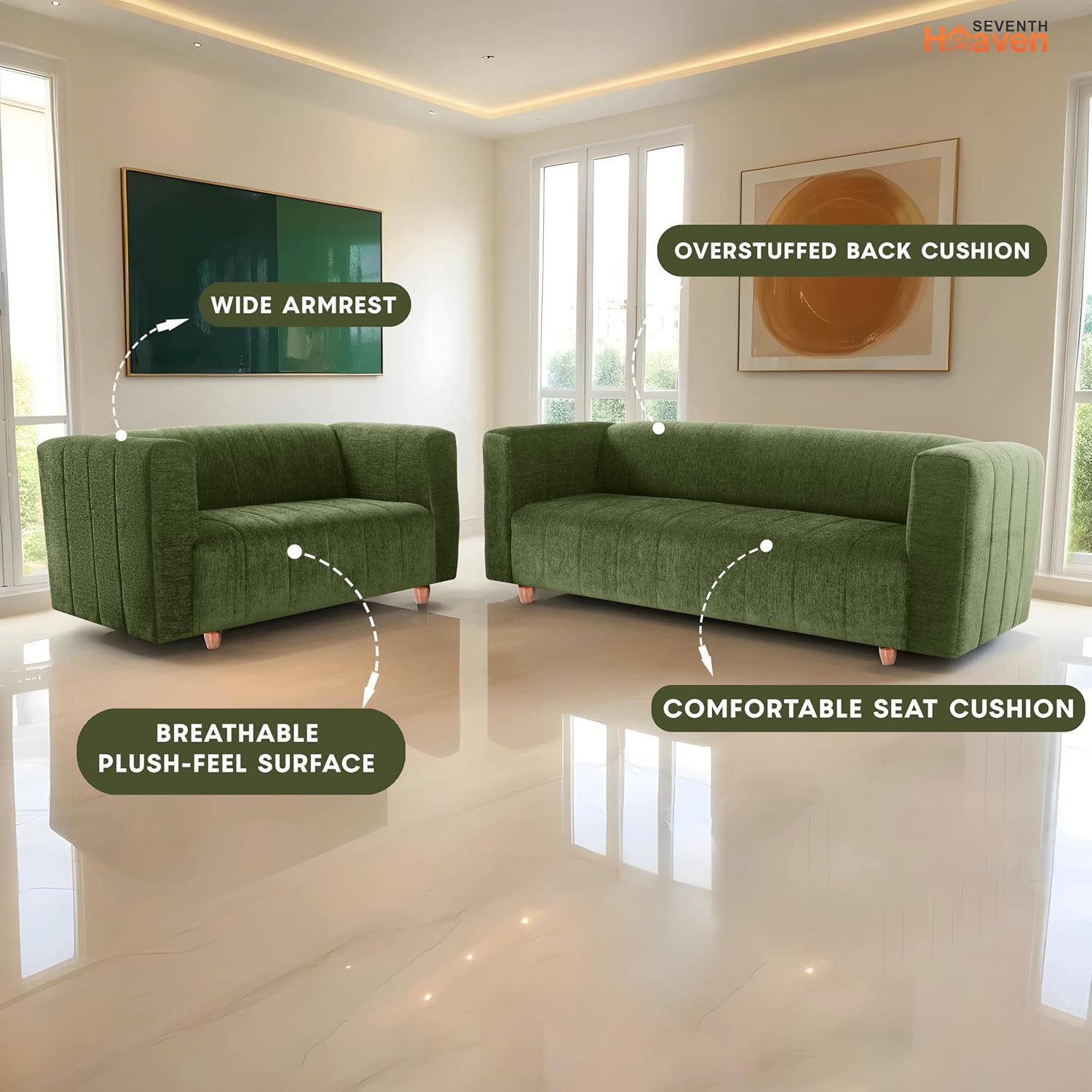 Tokyo 3+2 Seater Sofa Set | Luxury Comfort | Extra Spacious | Stylish Wooden Frame | Elegant Couch for Living Room, Lounge & Office | Premium Seating (Chenille Molfino - Green) - Image 8