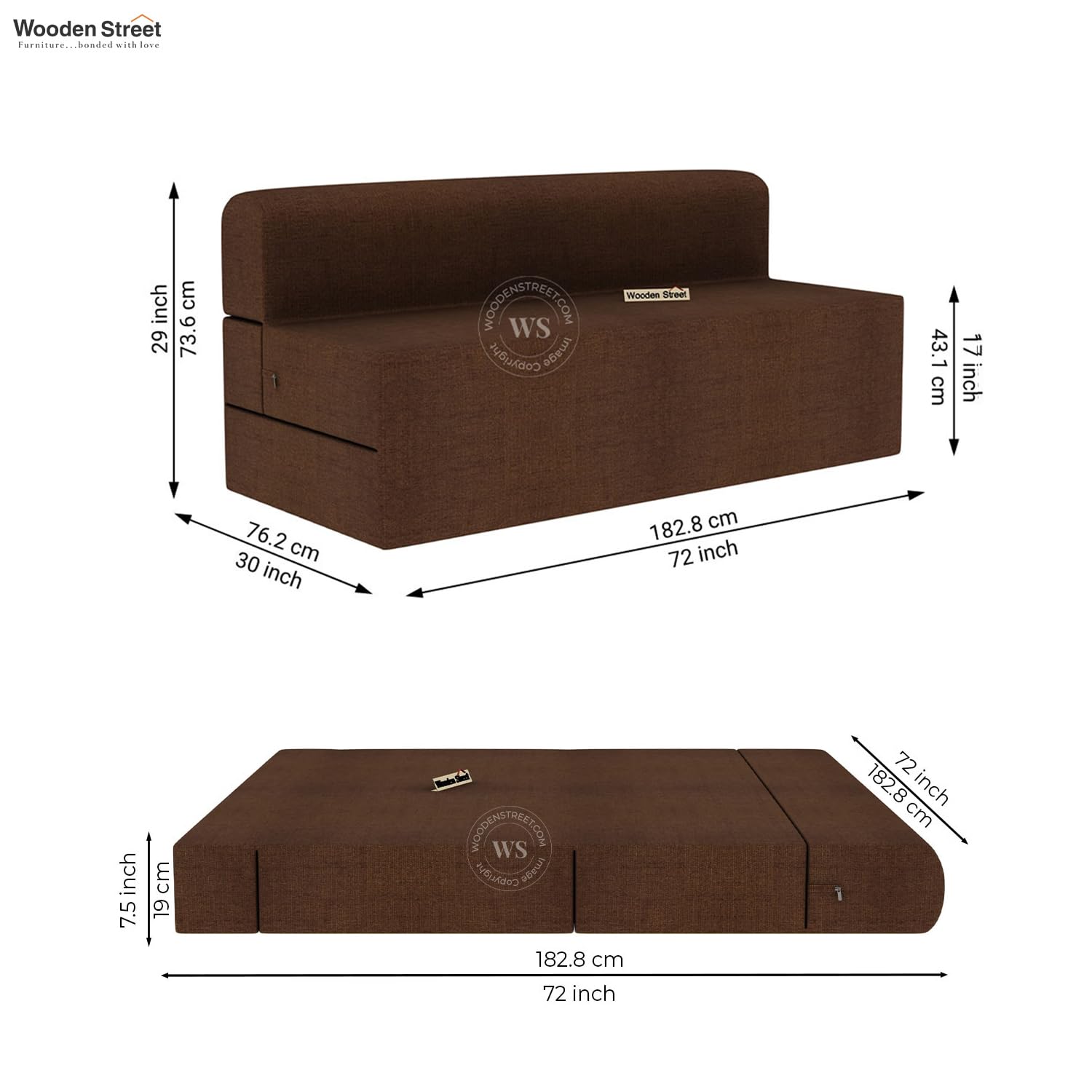 Wooden Street Voltz 3 Seater Fabric Sofa Cum Bed with Washable Cover and 2 Patterned Cushions | Foldable Sofa Cum Bed with 1 Year Warranty (Cotton, Mocha Brown) - Image 3