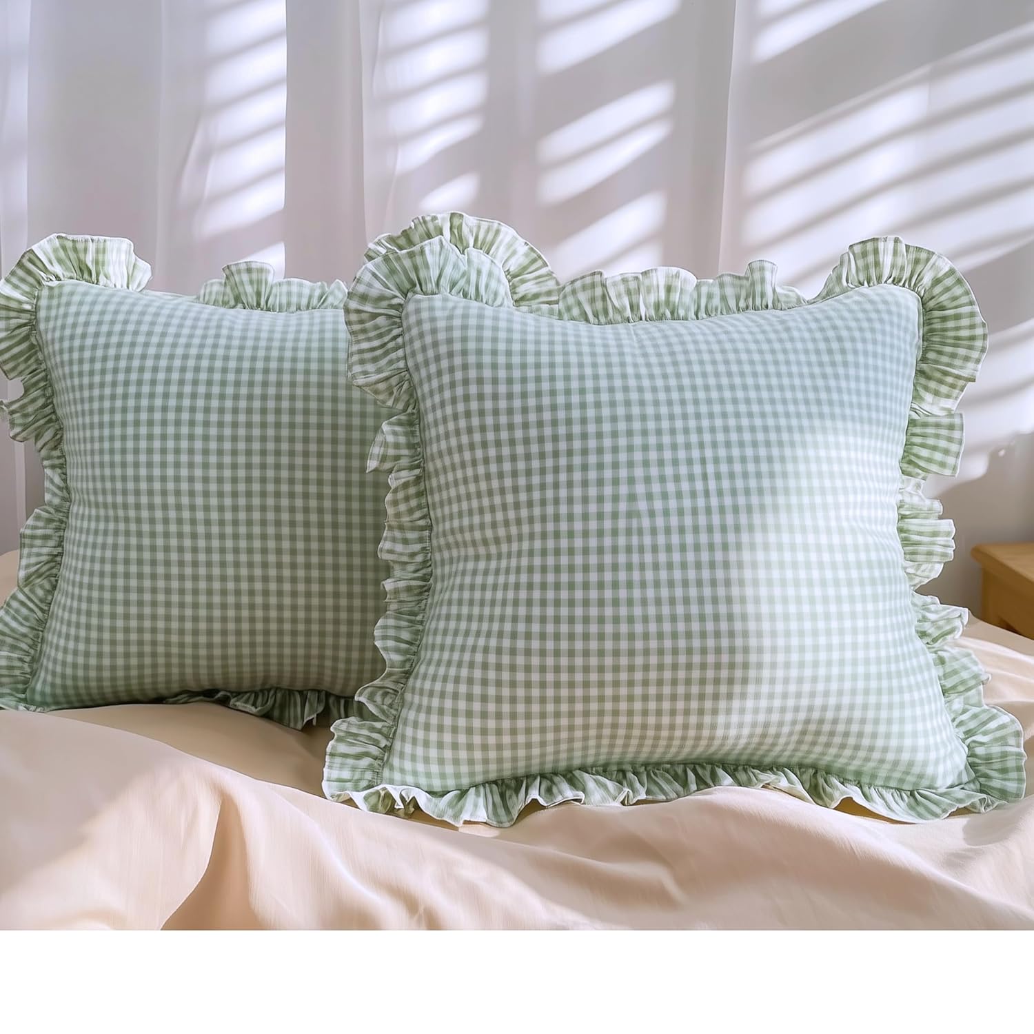 Cushion Covers – Pack of 3 |16x16 Inches | Sage Green Checkered Design with Frill Borders & Envelope Closure | Decorative Cushion Cases for Sofa, Couch, Bedroom & Living Room - Image 3