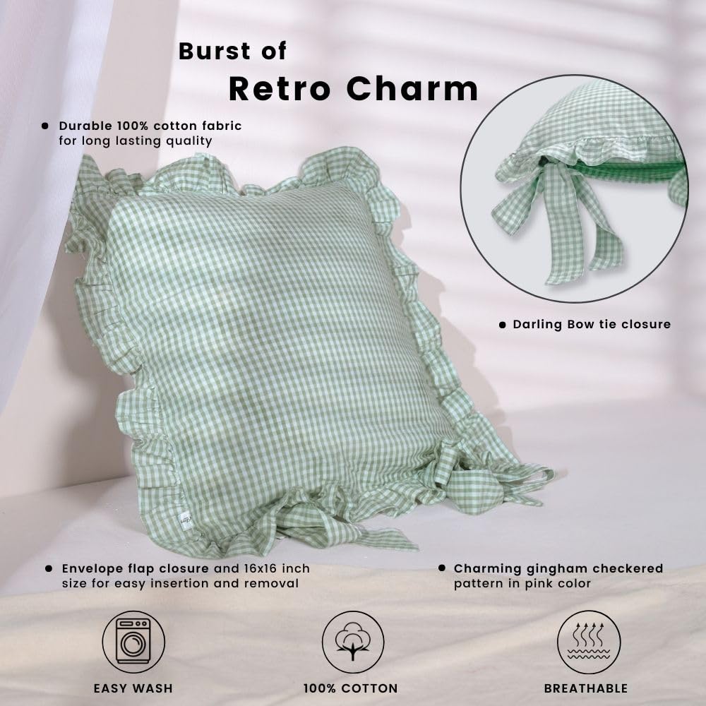 Cushion Covers – Pack of 3 |16x16 Inches | Sage Green Checkered Design with Frill Borders & Envelope Closure | Decorative Cushion Cases for Sofa, Couch, Bedroom & Living Room - Image 4