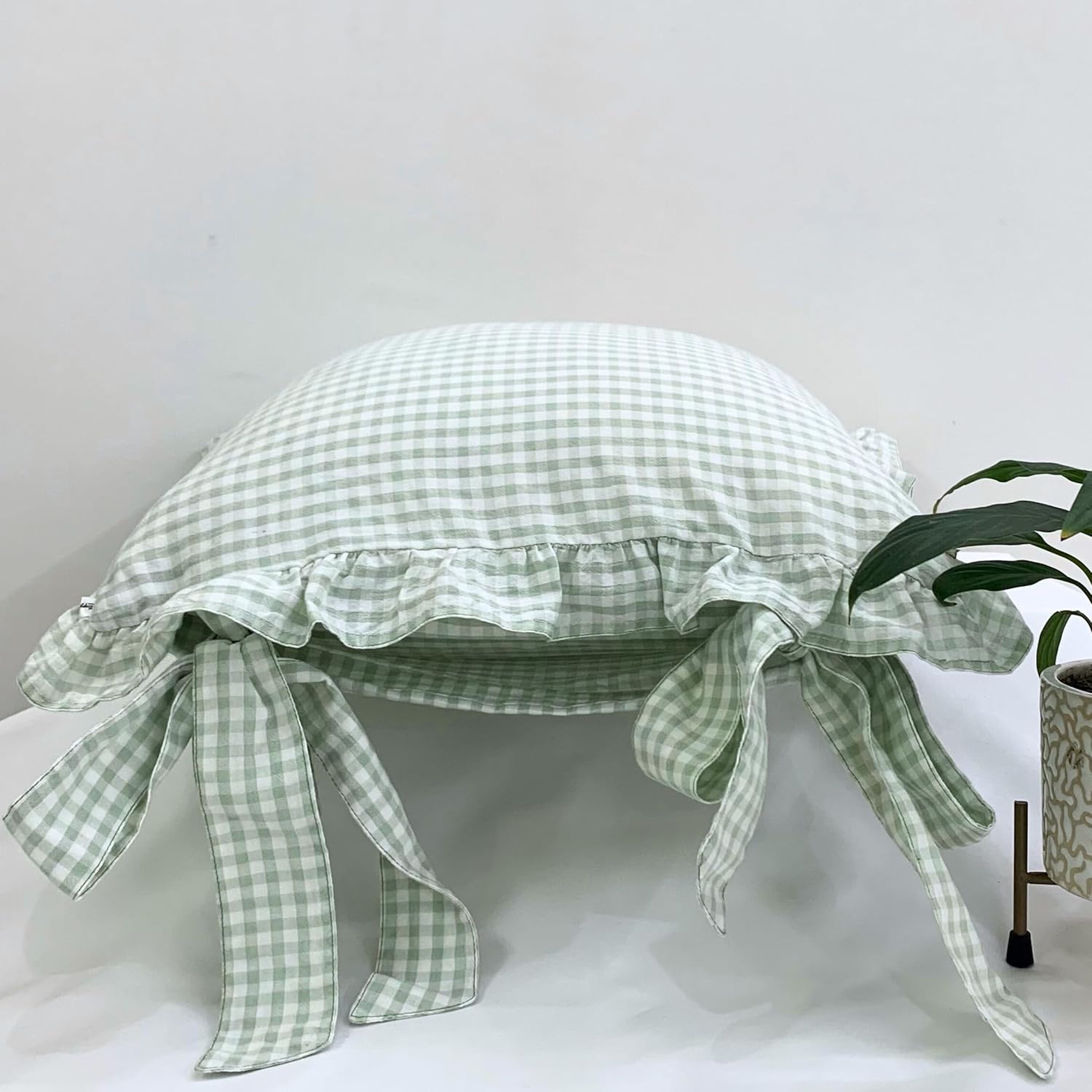 Cushion Covers – Pack of 3 |16x16 Inches | Sage Green Checkered Design with Frill Borders & Envelope Closure | Decorative Cushion Cases for Sofa, Couch, Bedroom & Living Room - Image 5