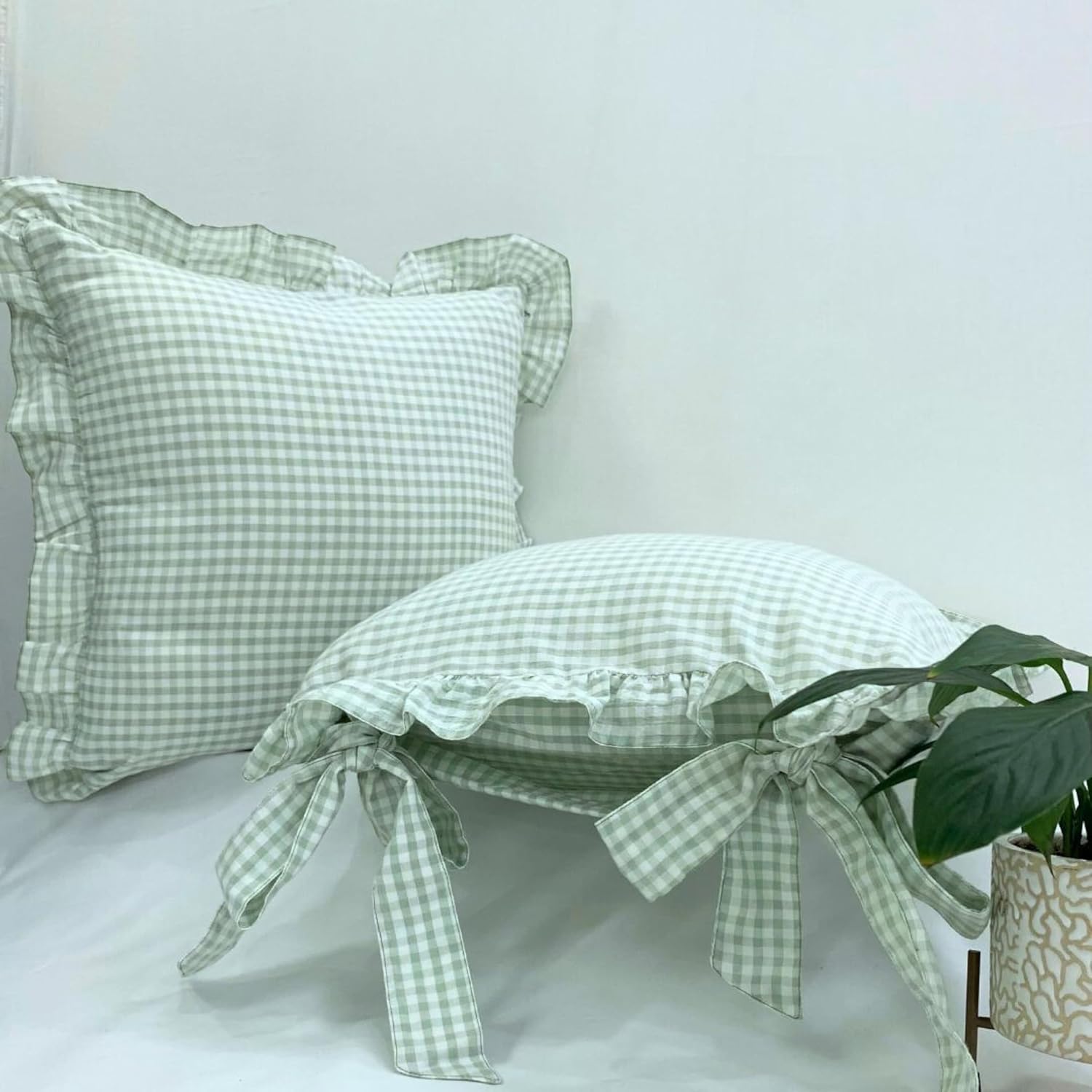 Cushion Covers – Pack of 3 |16x16 Inches | Sage Green Checkered Design with Frill Borders & Envelope Closure | Decorative Cushion Cases for Sofa, Couch, Bedroom & Living Room - Image 7