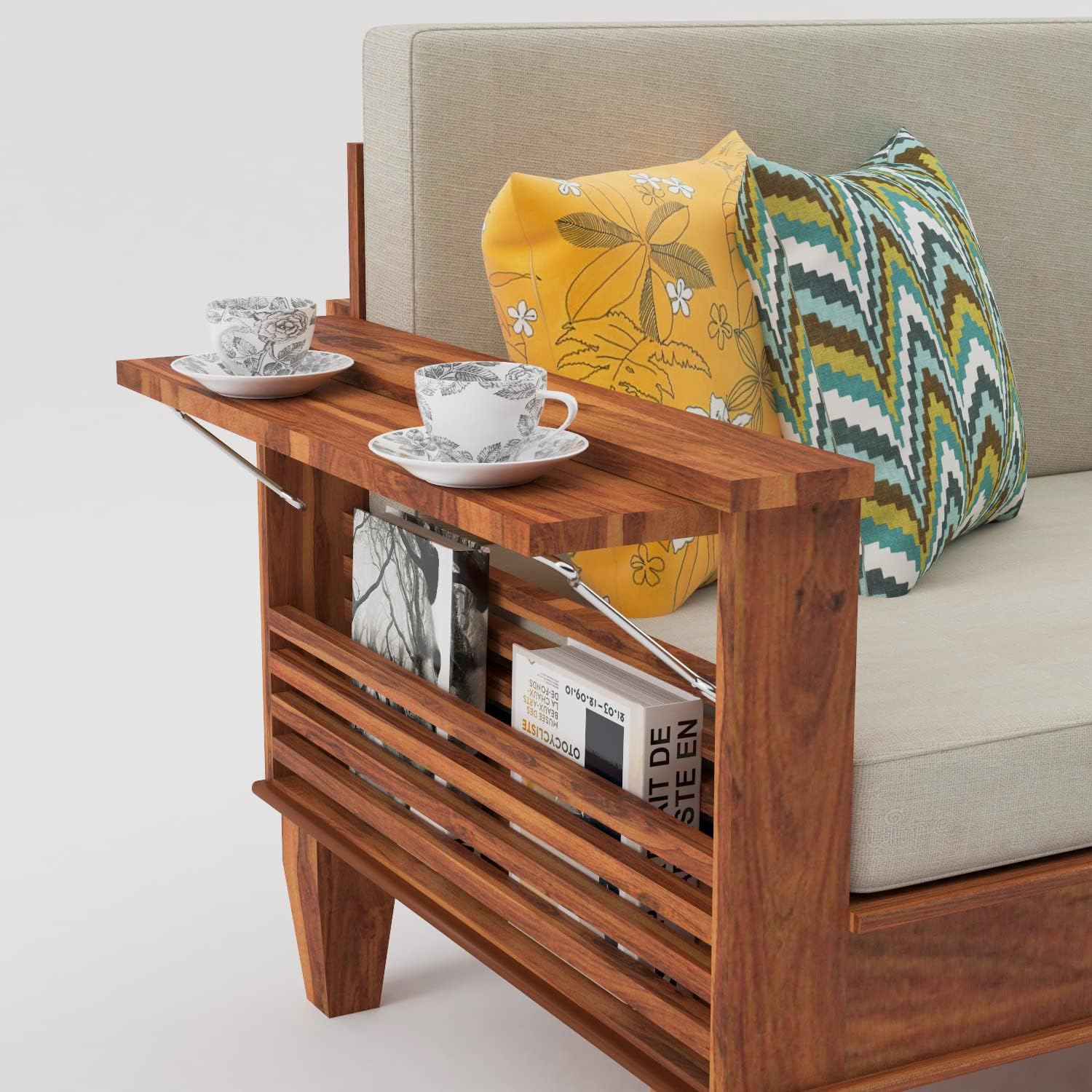 Sheesham Wood 3 Seater Sheesham Wood Honey Finish Sofa Cum Bed for Living Room (Natural Teak Finish) - Image 3