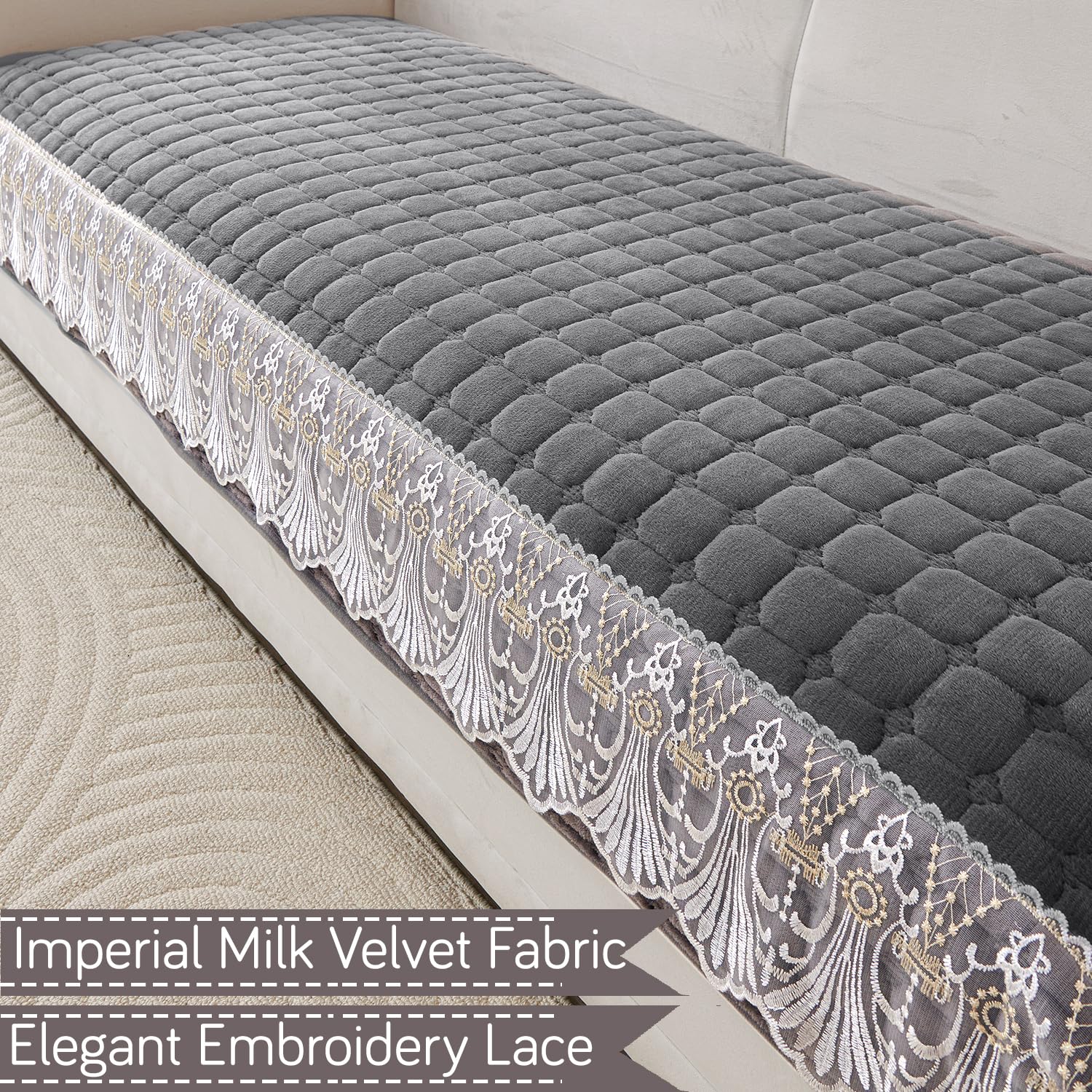 HOKIPO 'BelleLace Series' Imperial Milk Velvet Sofa Cover Mat with Lace Design| Make Your Own Sofa Cover Set, Mat Length 90(D) x 60(L) cm, Porpoise Grey (AR-5962-DGRY) - Image 3