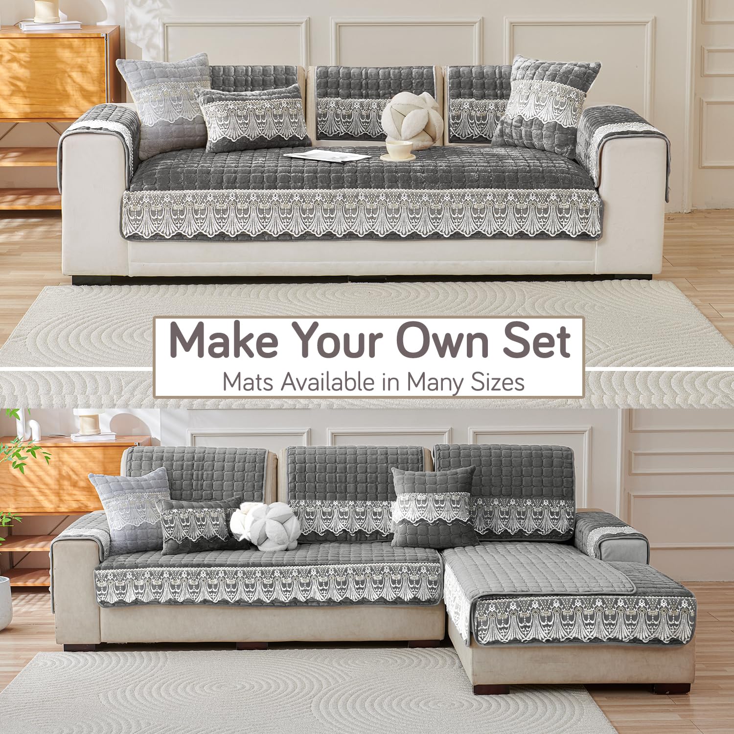 HOKIPO 'BelleLace Series' Imperial Milk Velvet Sofa Cover Mat with Lace Design| Make Your Own Sofa Cover Set, Mat Length 90(D) x 60(L) cm, Porpoise Grey (AR-5962-DGRY) - Image 4