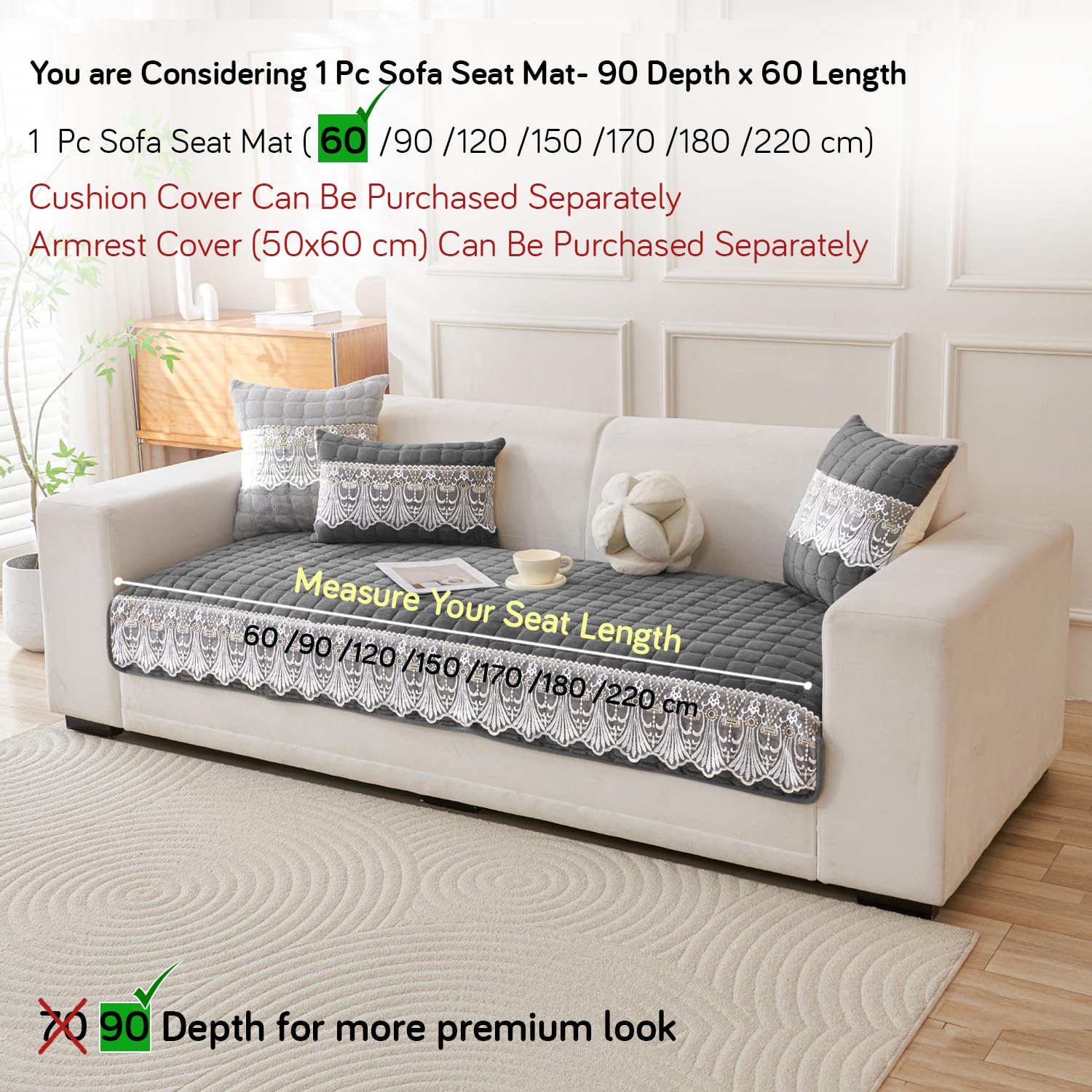 HOKIPO 'BelleLace Series' Imperial Milk Velvet Sofa Cover Mat with Lace Design| Make Your Own Sofa Cover Set, Mat Length 90(D) x 60(L) cm, Porpoise Grey (AR-5962-DGRY) - Image 6