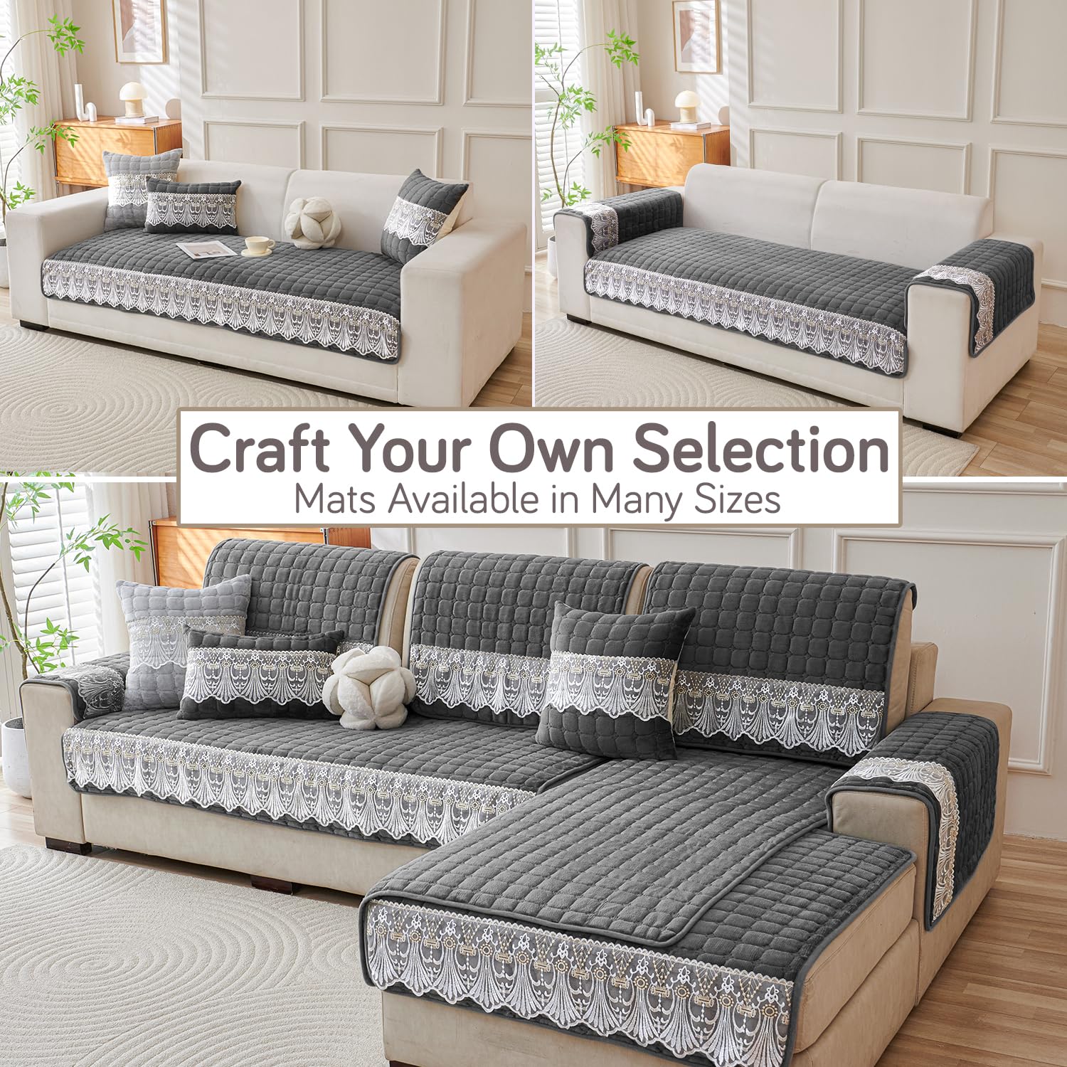HOKIPO 'BelleLace Series' Imperial Milk Velvet Sofa Cover Mat with Lace Design| Make Your Own Sofa Cover Set, Mat Length 90(D) x 60(L) cm, Porpoise Grey (AR-5962-DGRY) - Image 7