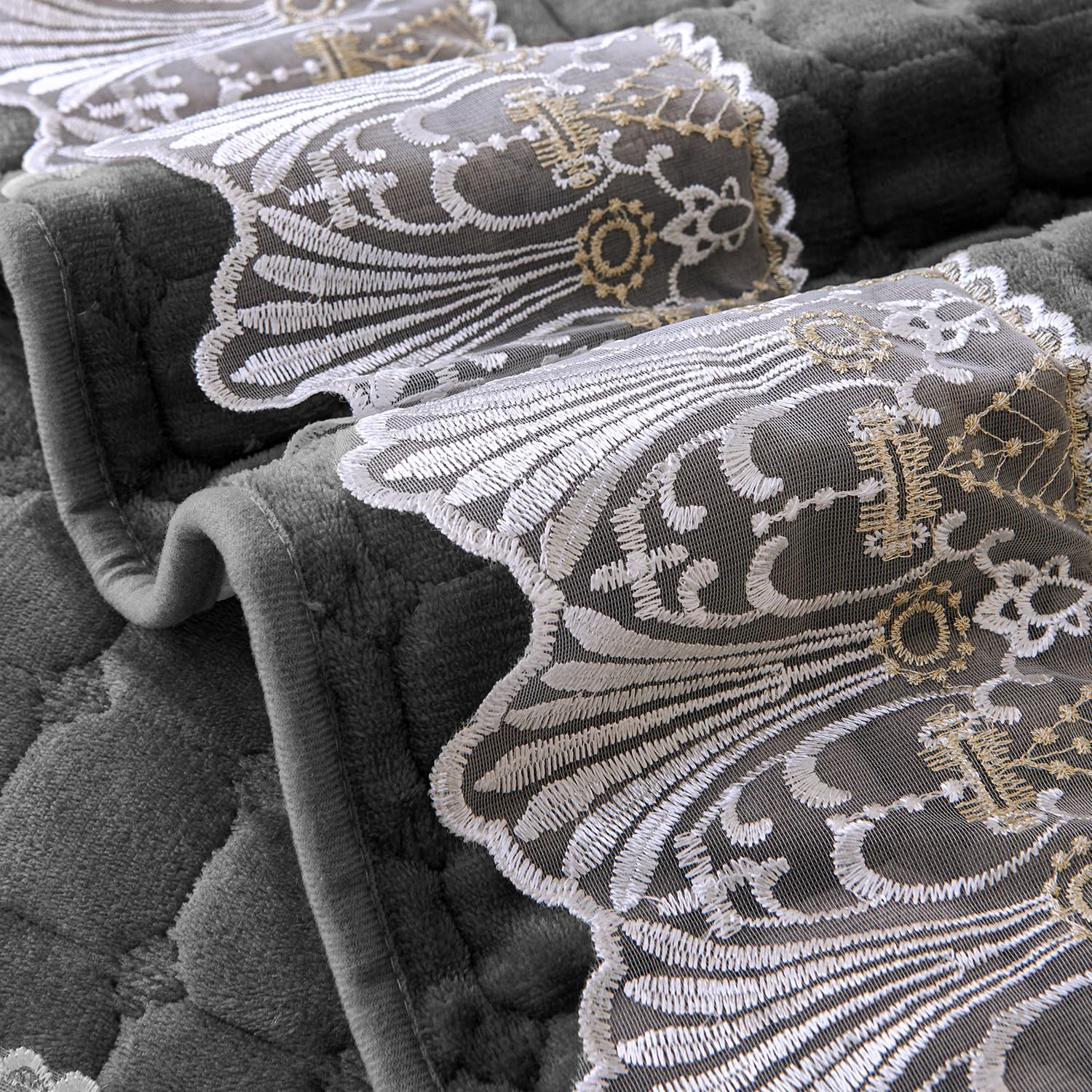 HOKIPO 'BelleLace Series' Imperial Milk Velvet Sofa Cover Mat with Lace Design| Make Your Own Sofa Cover Set, Mat Length 90(D) x 60(L) cm, Porpoise Grey (AR-5962-DGRY) - Image 9
