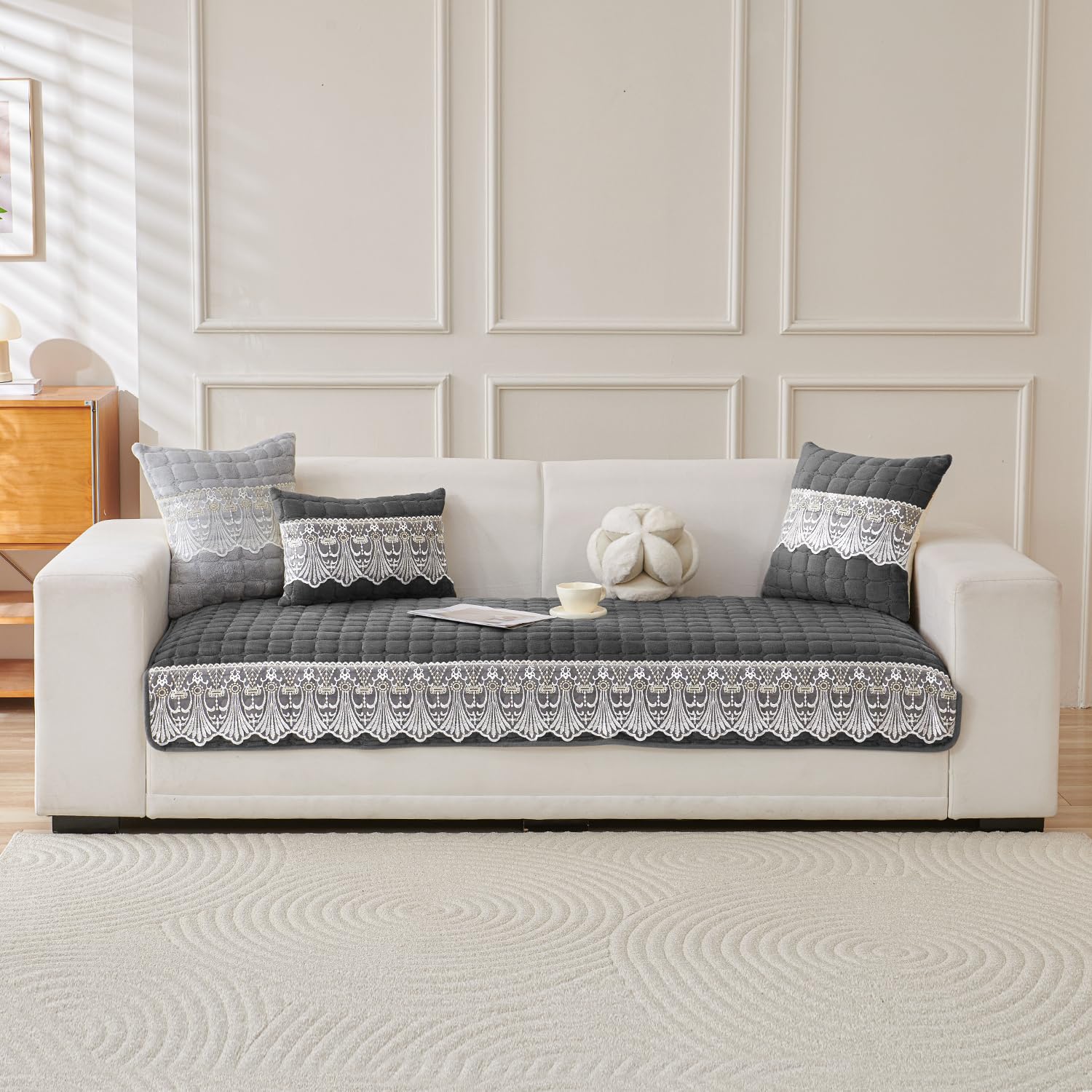 HOKIPO 'BelleLace Series' Imperial Milk Velvet Sofa Cover Mat with Lace Design| Make Your Own Sofa Cover Set, Mat Length 90(D) x 60(L) cm, Porpoise Grey (AR-5962-DGRY) - Image 10