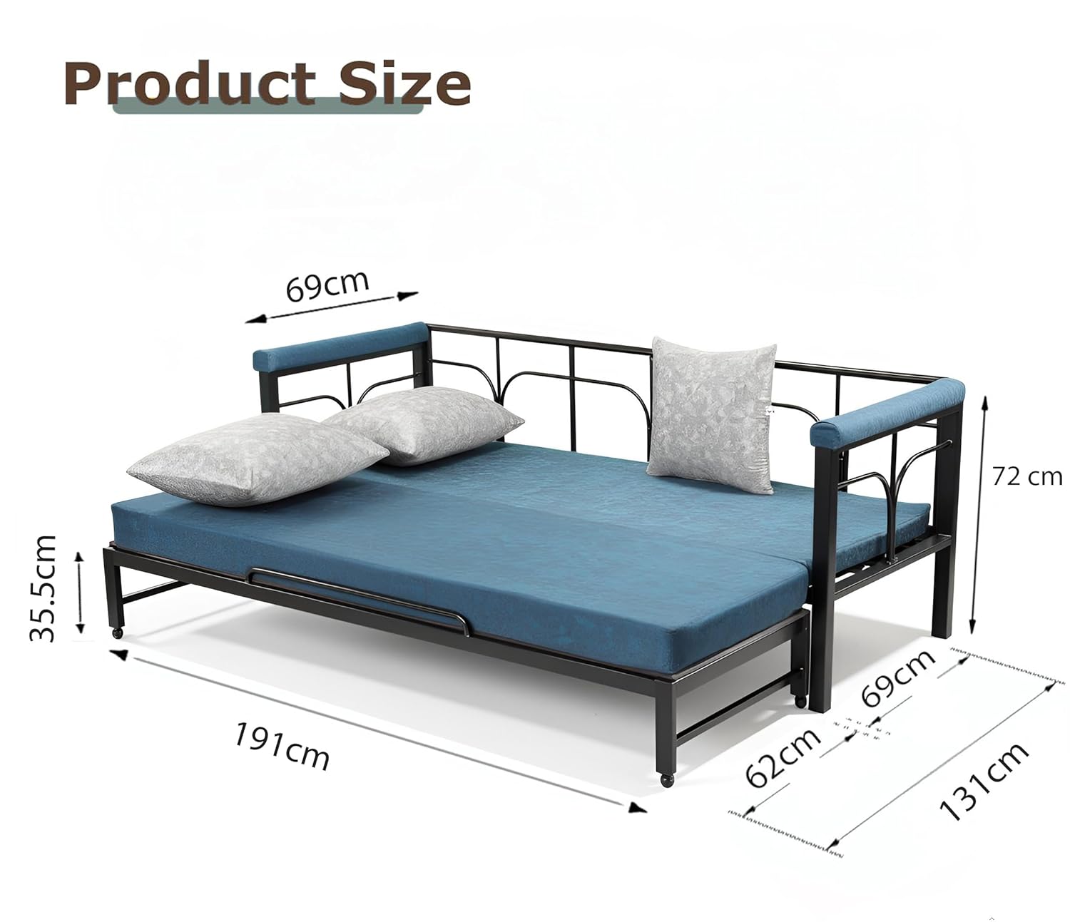 Spacecrafts Folding Diwan Sofa Cum Bed With 3 Pillow | Metal | Pu Foam | For Bed Room & Living Room|Comfort For All With 3-Person Sofa (Blue) - Image 3