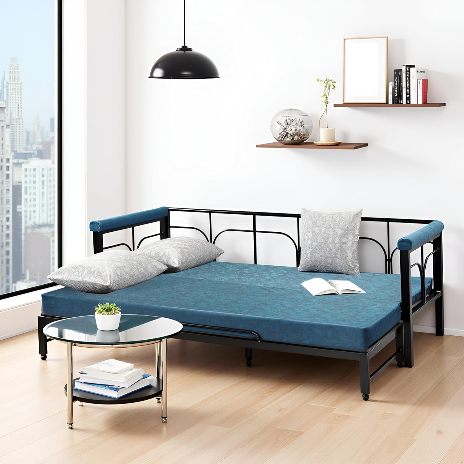 Spacecrafts Folding Diwan Sofa Cum Bed With 3 Pillow | Metal | Pu Foam | For Bed Room & Living Room|Comfort For All With 3-Person Sofa (Blue) - Image 4