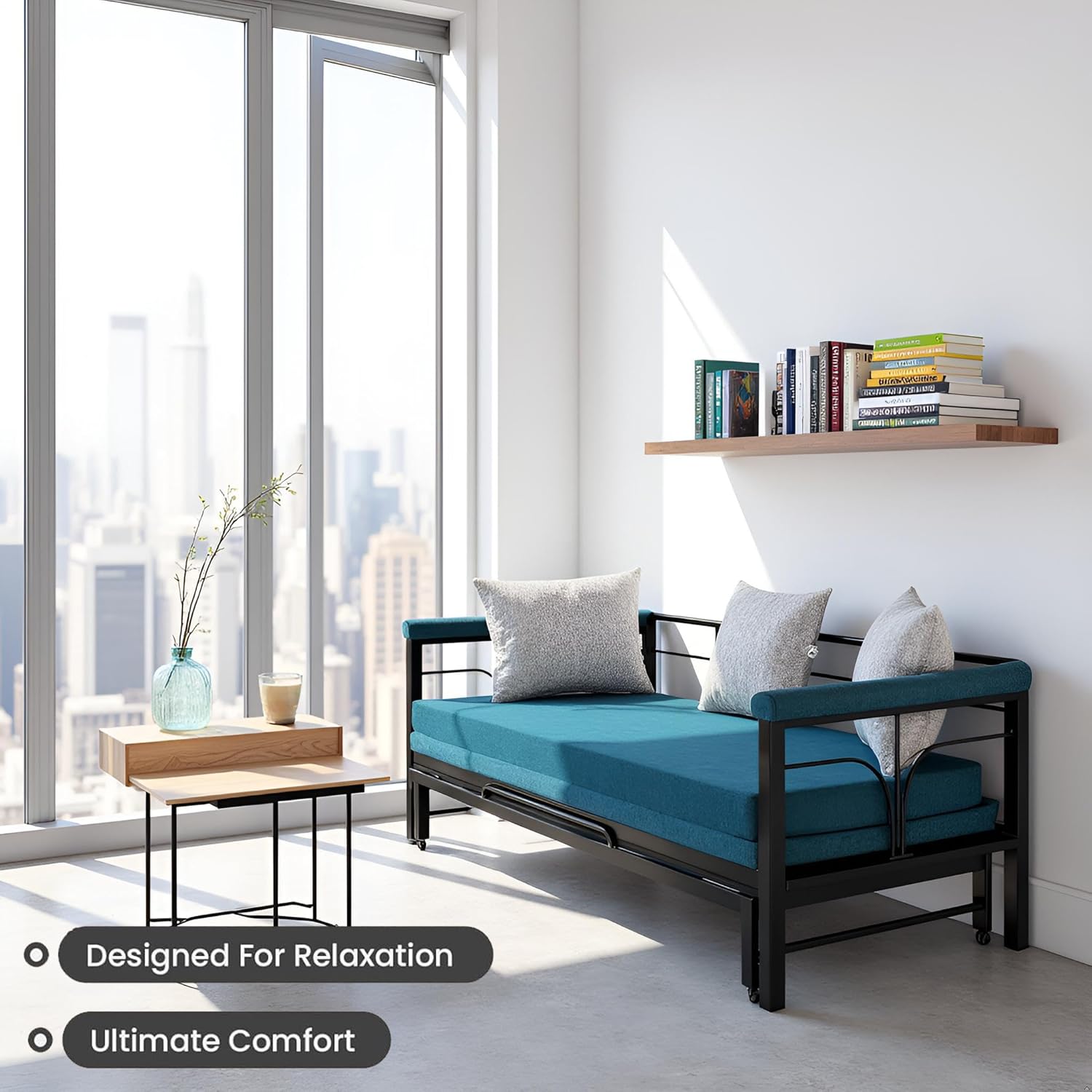 Spacecrafts Folding Diwan Sofa Cum Bed With 3 Pillow | Metal | Pu Foam | For Bed Room & Living Room|Comfort For All With 3-Person Sofa (Blue) - Image 5