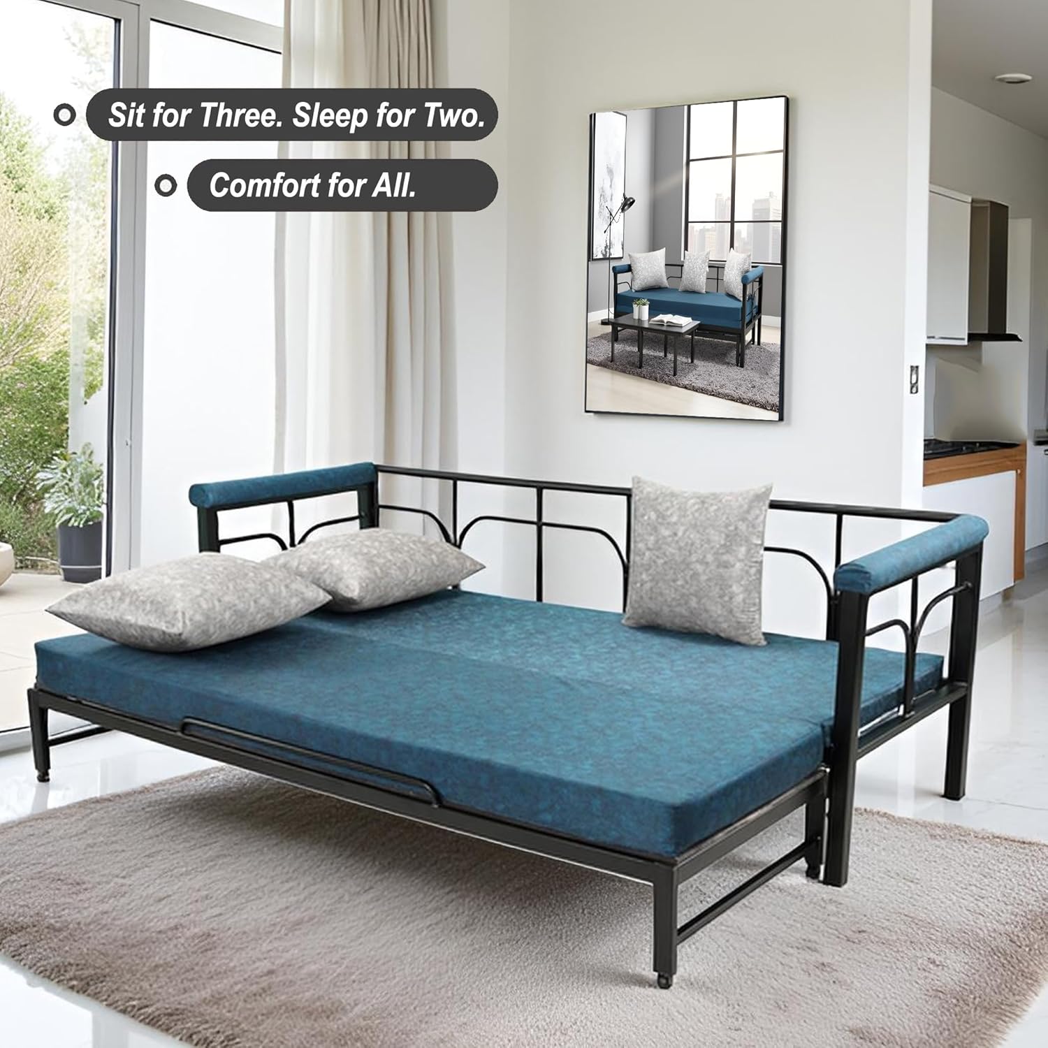 Spacecrafts Folding Diwan Sofa Cum Bed With 3 Pillow | Metal | Pu Foam | For Bed Room & Living Room|Comfort For All With 3-Person Sofa (Blue) - Image 6