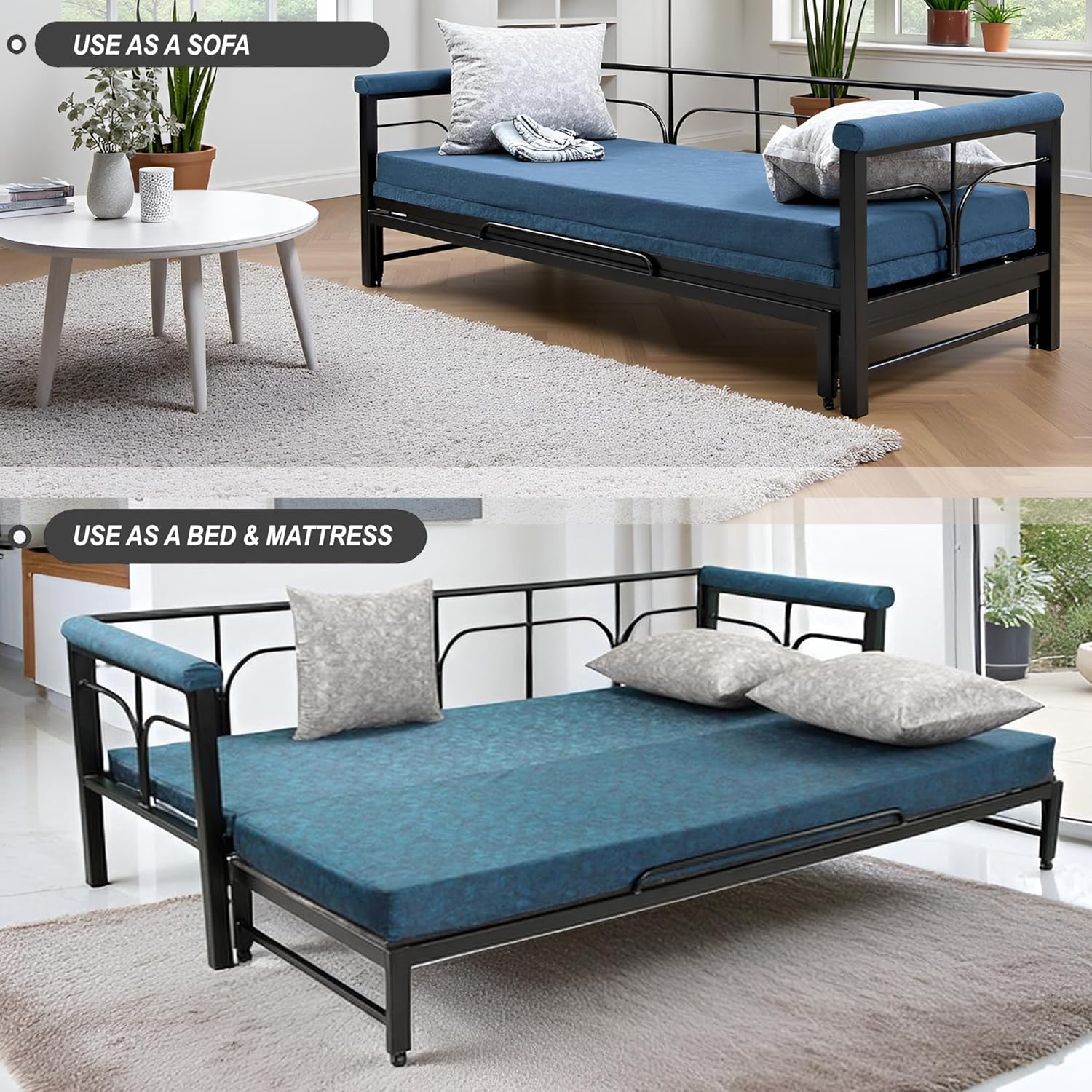 Spacecrafts Folding Diwan Sofa Cum Bed With 3 Pillow | Metal | Pu Foam | For Bed Room & Living Room|Comfort For All With 3-Person Sofa (Blue) - Image 7