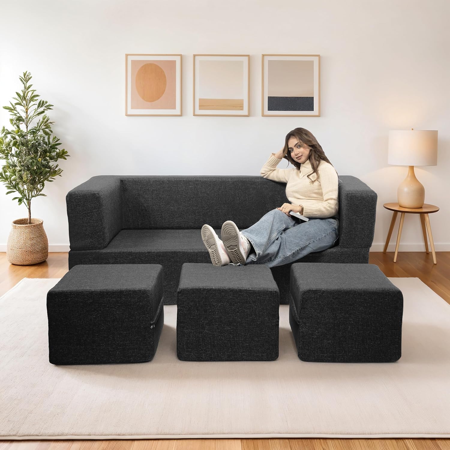 Seventh Heaven 72x60x14 inch Jute Fabric with 3 Puffy 3 Seater Double Foam Fold Out Sofa Cum Bed (Finish Color - Dark Grey Delivery Condition - Pre-Assembled) - Image 4