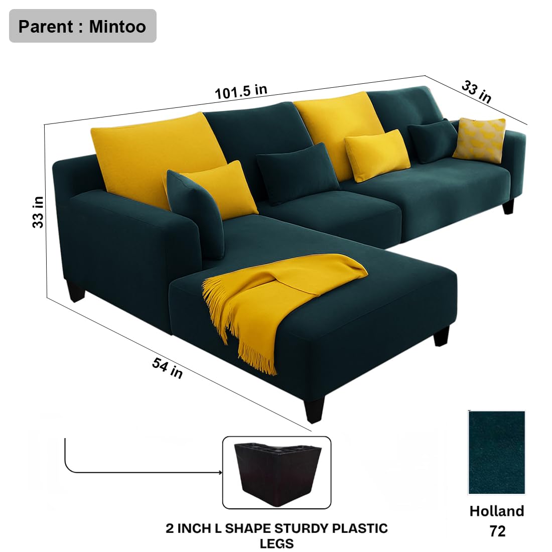 FURNY Mintora 6 Seater Fabric LHS L Shape Sofa Set (Greenish Teal) with Extra Cushions | Premium Velvet Finish | Ideal for Living Room - Image 3