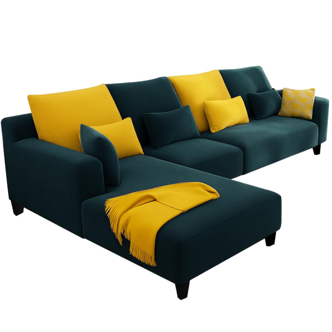 FURNY Mintora 6 Seater Fabric LHS L Shape Sofa Set (Greenish Teal) with Extra Cushions | Premium Velvet Finish | Ideal for Living Room - Image 4