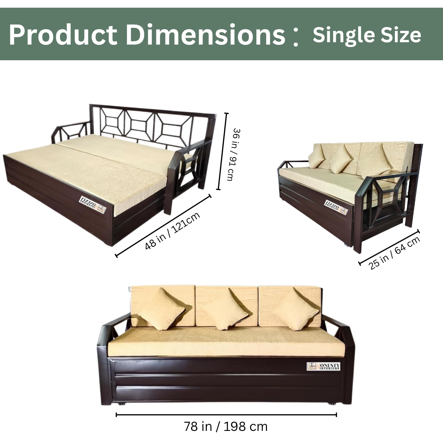 ZenSpace 6x4 Single Metal Sofa Cum Bed with Hydraulic Storage | Foldable, Heavy-Duty Brown Frame with Cream Rebonded Foam Cushion | Space-Saving Furniture for Home - Image 3