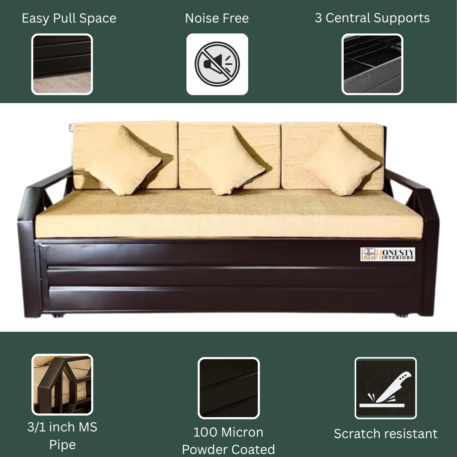 ZenSpace 6x4 Single Metal Sofa Cum Bed with Hydraulic Storage | Foldable, Heavy-Duty Brown Frame with Cream Rebonded Foam Cushion | Space-Saving Furniture for Home - Image 4