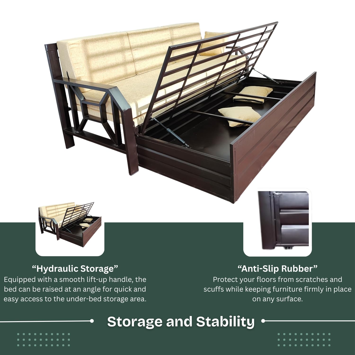 ZenSpace 6x4 Single Metal Sofa Cum Bed with Hydraulic Storage | Foldable, Heavy-Duty Brown Frame with Cream Rebonded Foam Cushion | Space-Saving Furniture for Home - Image 5