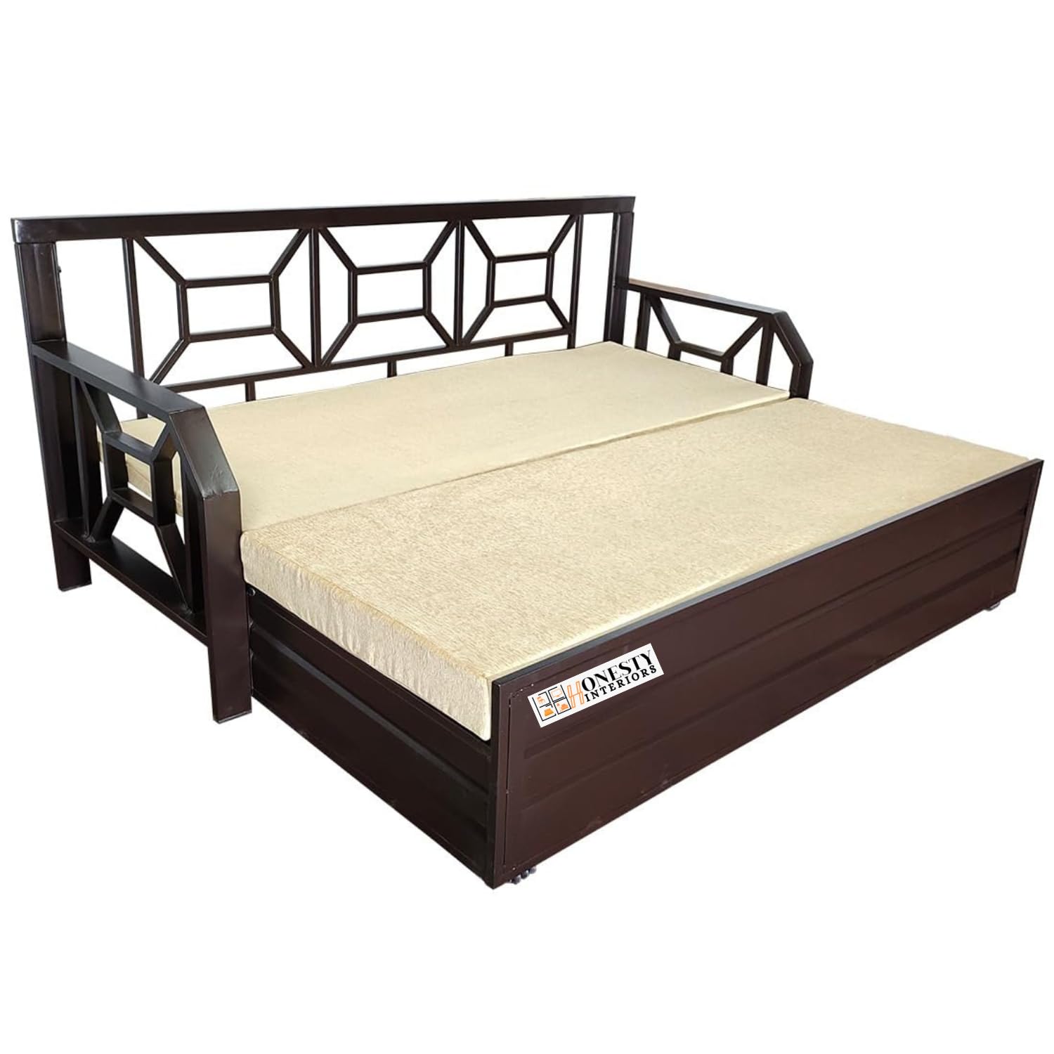 ZenSpace 6x4 Single Metal Sofa Cum Bed with Hydraulic Storage | Foldable, Heavy-Duty Brown Frame with Cream Rebonded Foam Cushion | Space-Saving Furniture for Home - Image 6