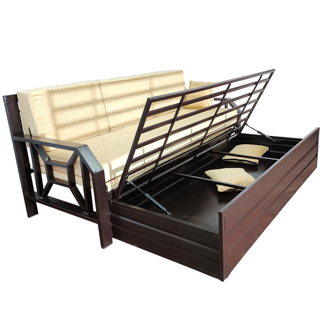 ZenSpace 6x4 Single Metal Sofa Cum Bed with Hydraulic Storage | Foldable, Heavy-Duty Brown Frame with Cream Rebonded Foam Cushion | Space-Saving Furniture for Home - Image 7