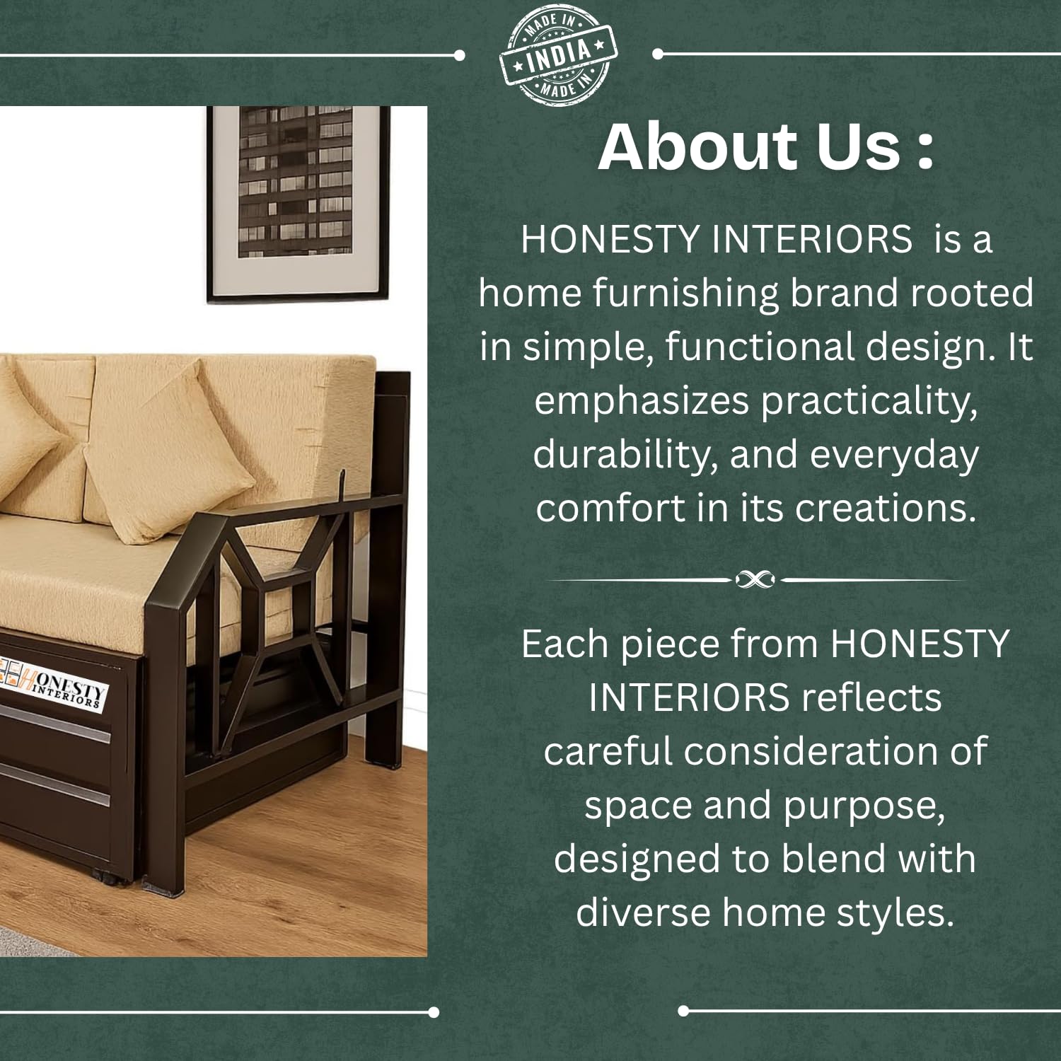 ZenSpace 6x4 Single Metal Sofa Cum Bed with Hydraulic Storage | Foldable, Heavy-Duty Brown Frame with Cream Rebonded Foam Cushion | Space-Saving Furniture for Home - Image 10