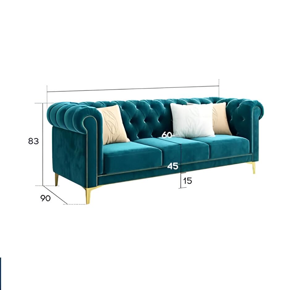 Modern Classic 5 Seater Sofa Couch Fabric & Valvet 3+1+1Foootrest Tufted Chesterfield Sofa Living Room and Office (Teal Green) - Image 3