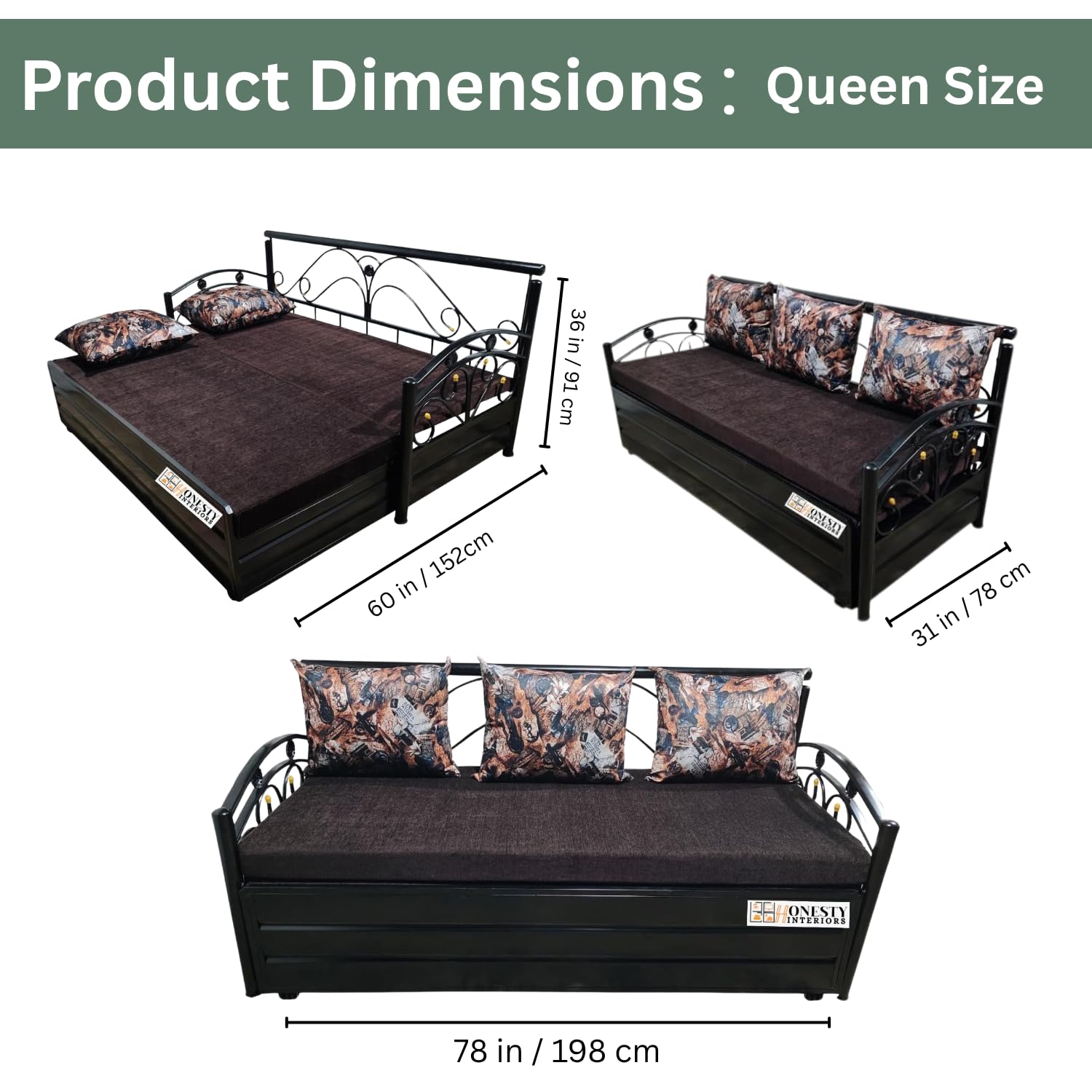 Durafold 6x5 Queen Metal Sofa Cum Bed with Hydraulic Storage | Foldable, Heavy-Duty Black Frame with Brown Rebonded Foam Cushion | Space-Saving Furniture for Home - Image 3