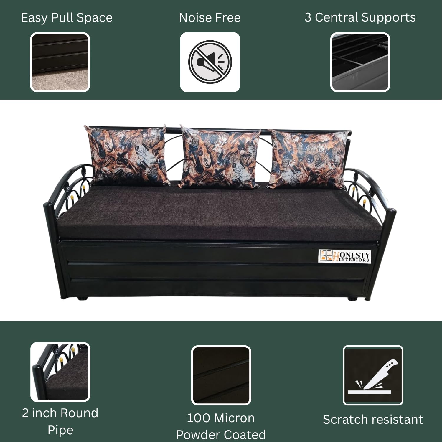 Durafold 6x5 Queen Metal Sofa Cum Bed with Hydraulic Storage | Foldable, Heavy-Duty Black Frame with Brown Rebonded Foam Cushion | Space-Saving Furniture for Home - Image 4
