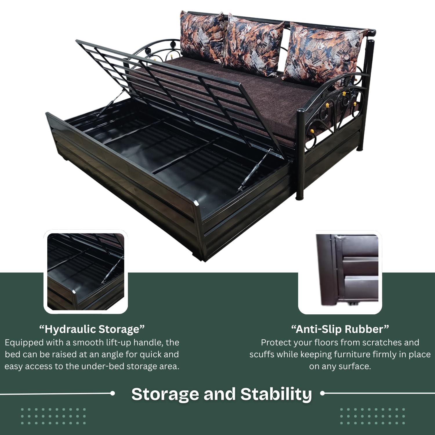 Durafold 6x5 Queen Metal Sofa Cum Bed with Hydraulic Storage | Foldable, Heavy-Duty Black Frame with Brown Rebonded Foam Cushion | Space-Saving Furniture for Home - Image 5