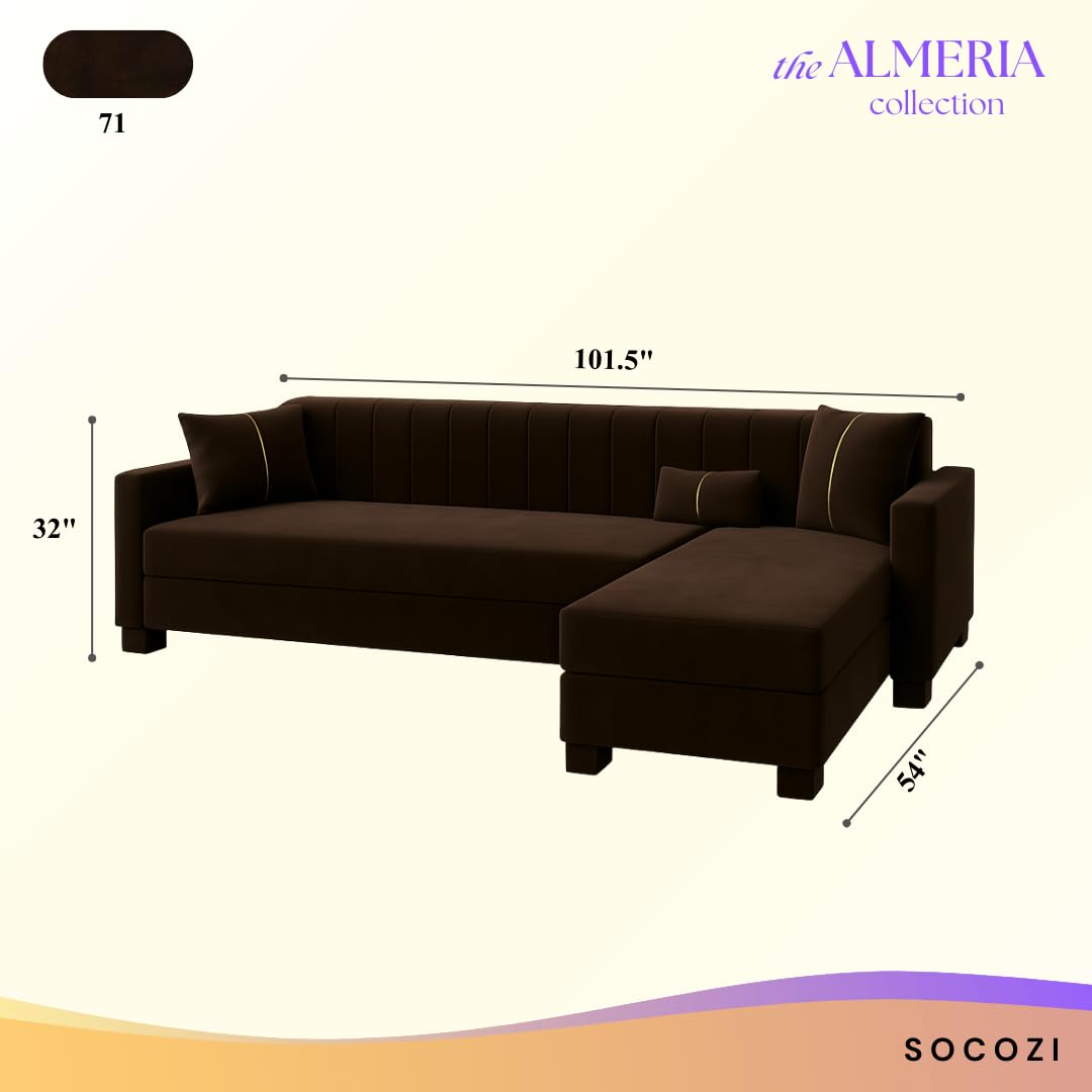 Almeria 5 Seater RHS L Shape Sofa Set | Soft Velvet Suede Fabric | Modern Design | Plush Comfort Cushions for Living Room (Dark Brown) - Image 3