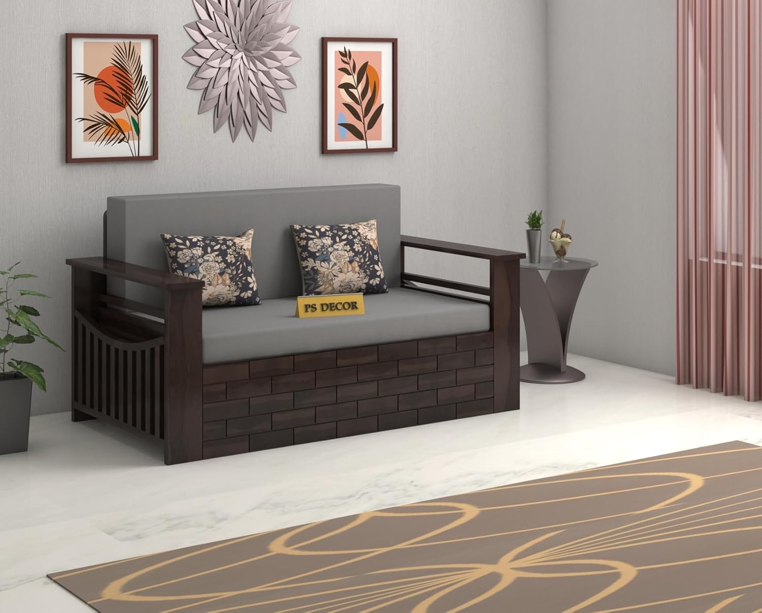 Solid Sheesham Wood 2 Seater Italian Sofa Cums Bed with Side Pockets for Living Room Multipurpose Decorative Wooden Furniture (Walnut Finish) - Image 4