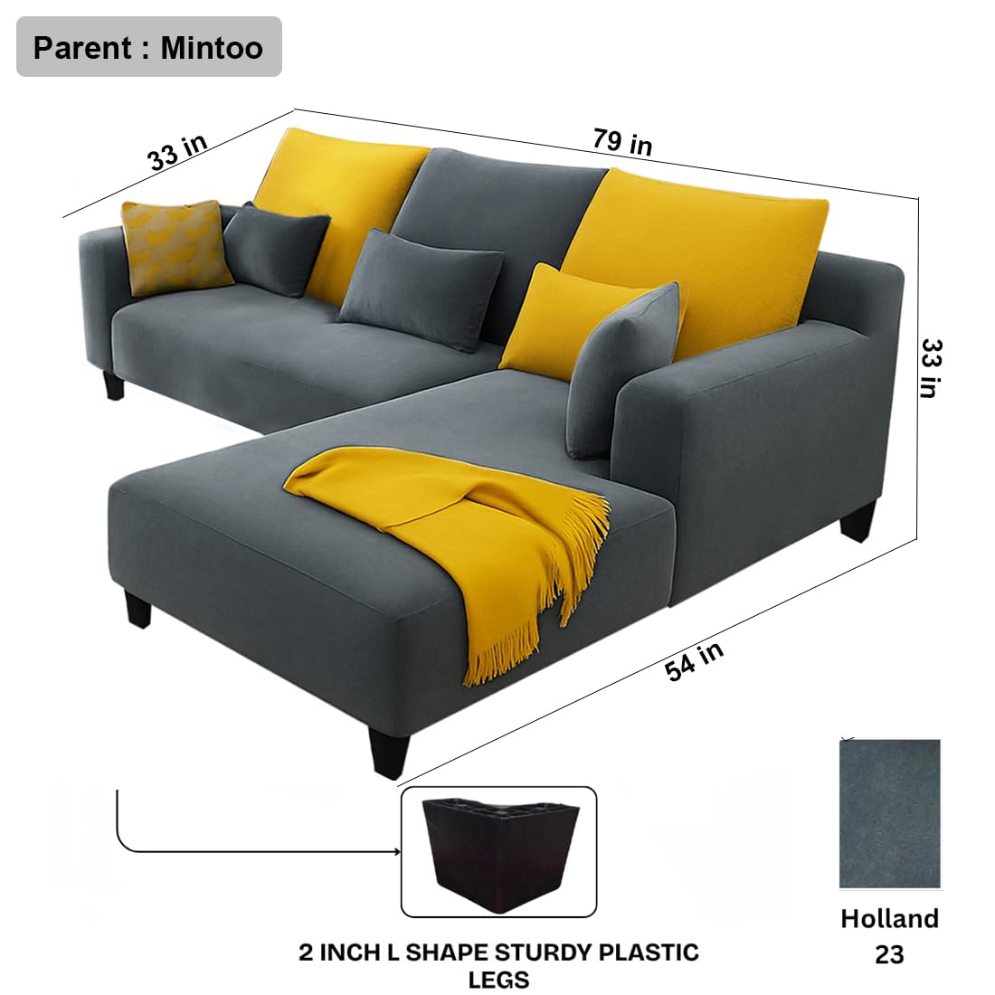 FURNY Mintora 4 Seater Fabric RHS L-Shape Sofa Set with Extra Cushions (Dark Grey) Premium Velvet Finish | Ideal of Living Room - Image 3