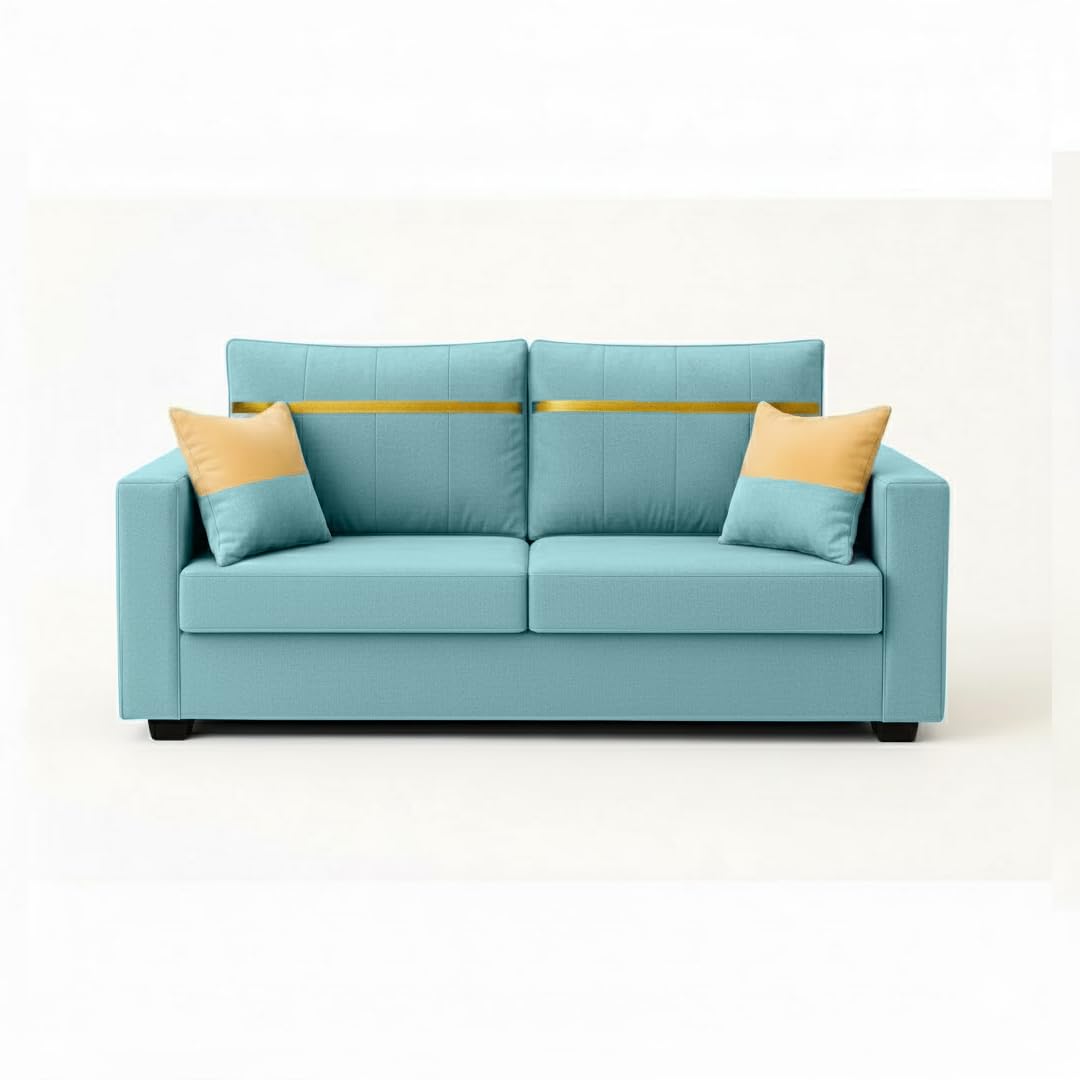 Stonvik 2 Seater Sofa Set | Soft Velvet Suede Fabric | Modern Design | Plush Comfort Cushions for Living Room (Sky Blue, Gold Stripped Cushion) - Image 4