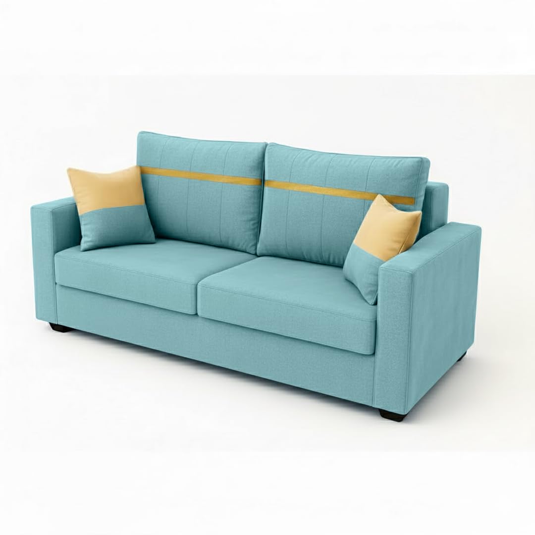 Stonvik 2 Seater Sofa Set | Soft Velvet Suede Fabric | Modern Design | Plush Comfort Cushions for Living Room (Sky Blue, Gold Stripped Cushion) - Image 5