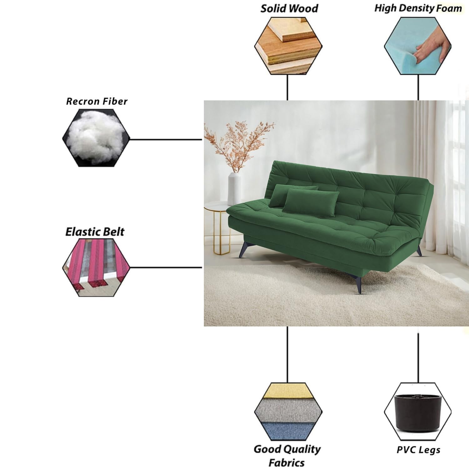 Danny 3 Seater Sofa Cum Bed for Living Room Premium Fabric Sofa for Living Room (Green Colour Fabric) - Image 7