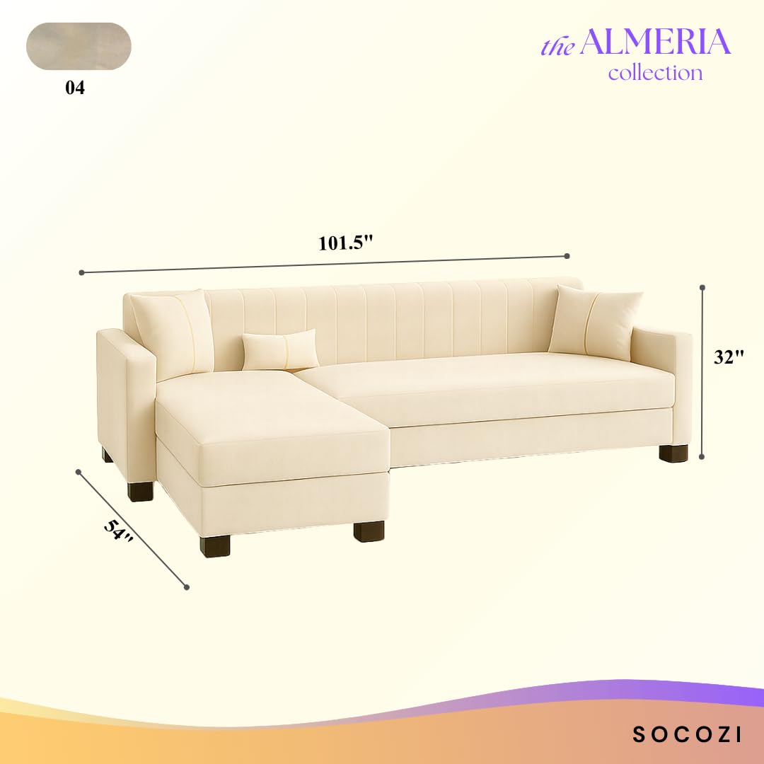 Almeria 5 Seater LHS L Shape Sofa Set | Soft Velvet Suede Fabric | Modern Design | Plush Comfort Cushions for Living Room (Cream) - Image 3