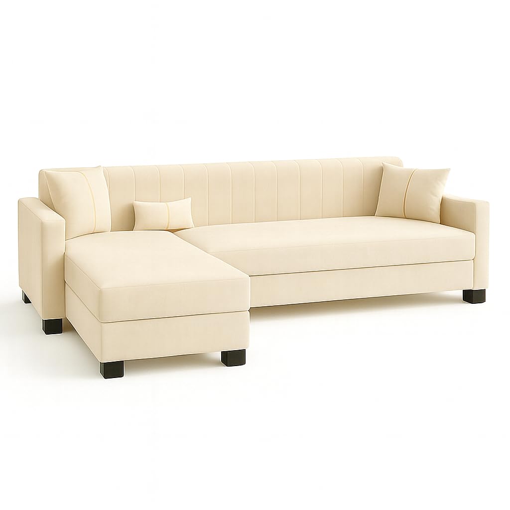 Almeria 5 Seater LHS L Shape Sofa Set | Soft Velvet Suede Fabric | Modern Design | Plush Comfort Cushions for Living Room (Cream) - Image 4