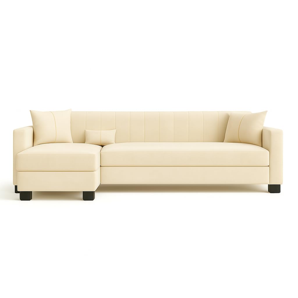 Almeria 5 Seater LHS L Shape Sofa Set | Soft Velvet Suede Fabric | Modern Design | Plush Comfort Cushions for Living Room (Cream) - Image 5