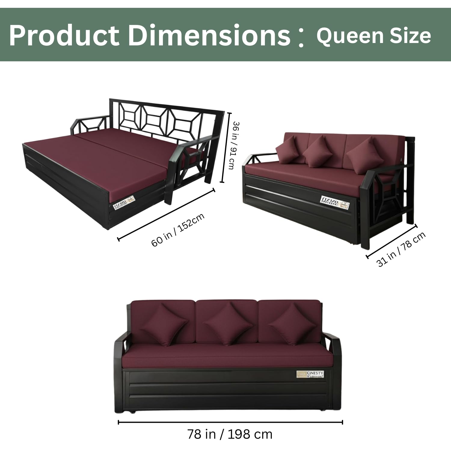 CasaPrime Sofa Cum Bed Queen Size Maroon | Premium Wooden Sofa Bed with High-Comfort Cushions | Stylish Convertible Furniture - Image 3