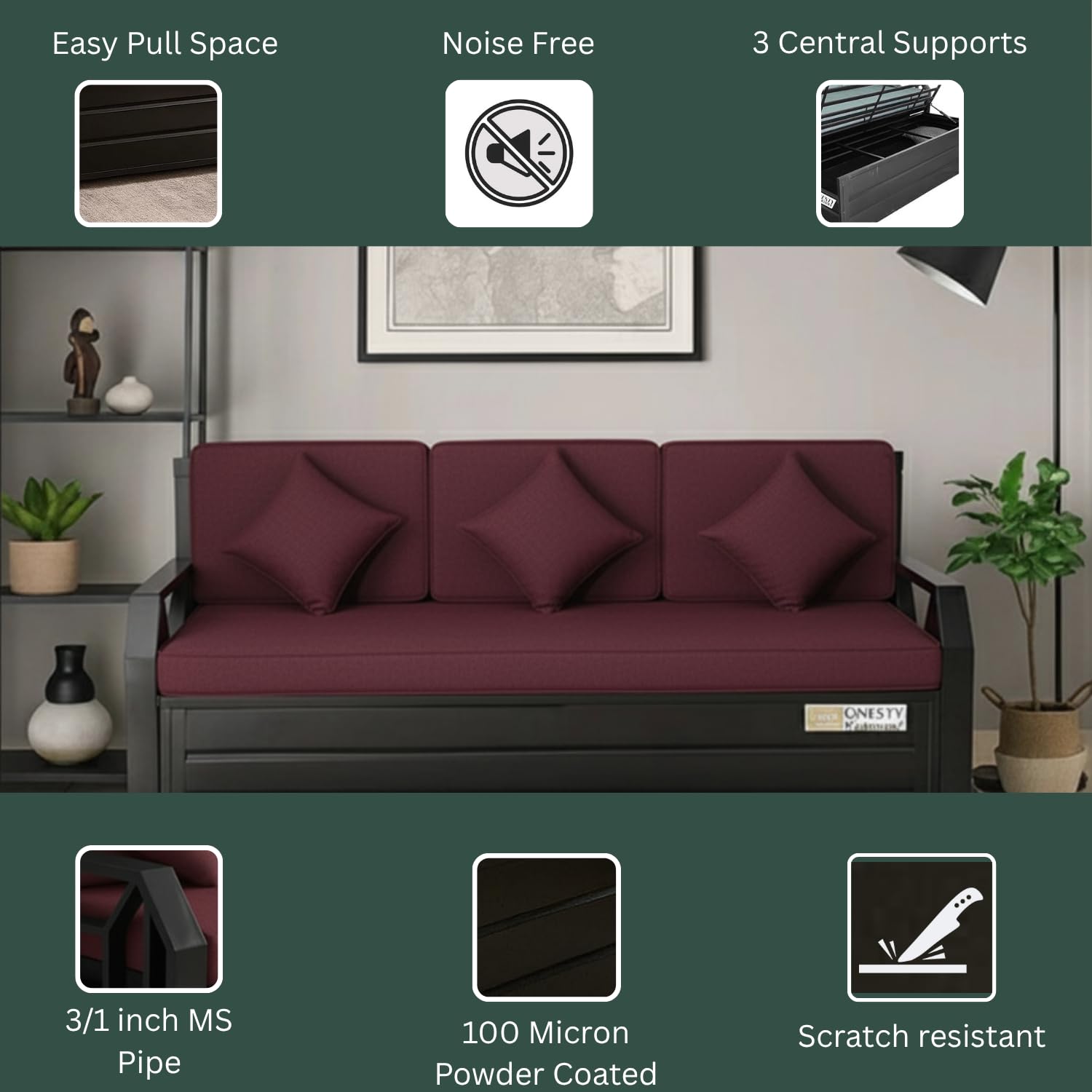 CasaPrime Sofa Cum Bed Queen Size Maroon | Premium Wooden Sofa Bed with High-Comfort Cushions | Stylish Convertible Furniture - Image 4