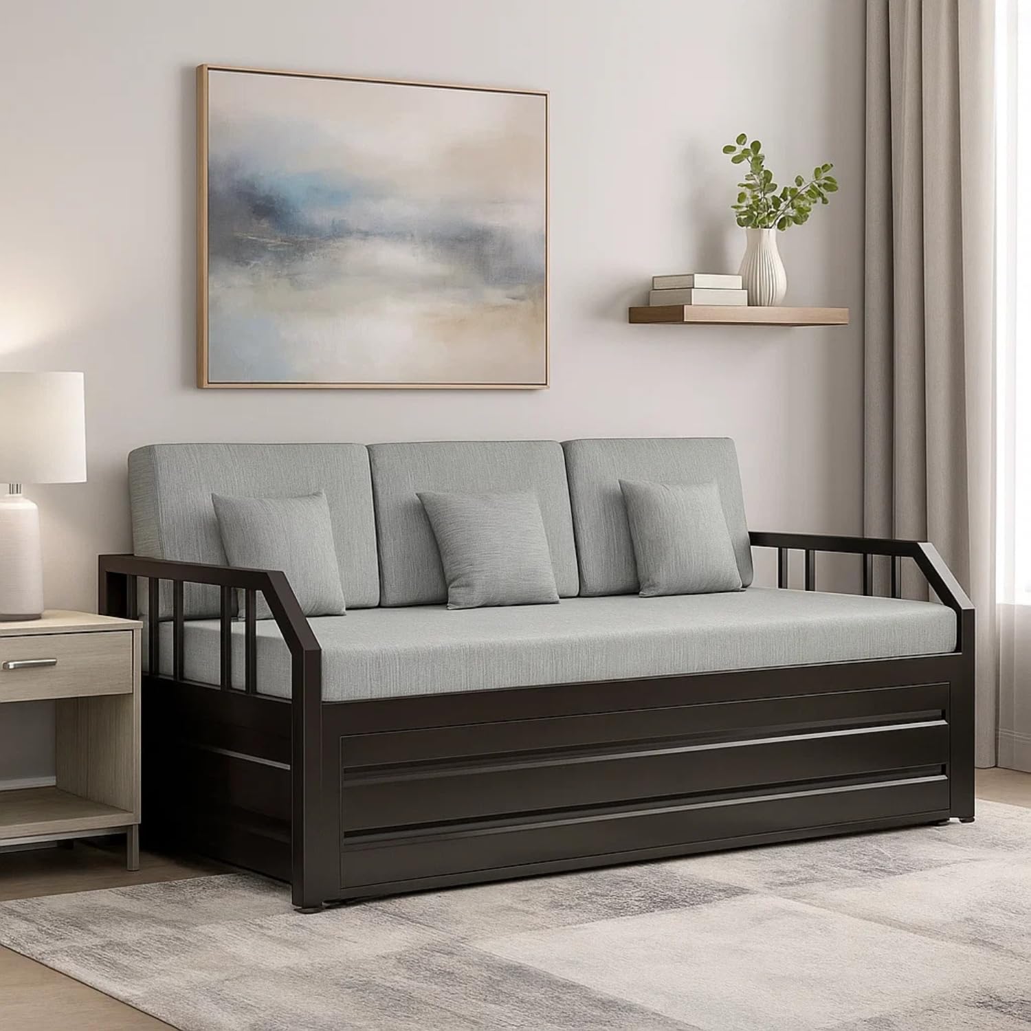 Elegant Queen Size 6X5 Metal Sofa Bed with Hydraulic Storage - 3 Seater, Grey Fabric Brown Matte Finish - Image 3