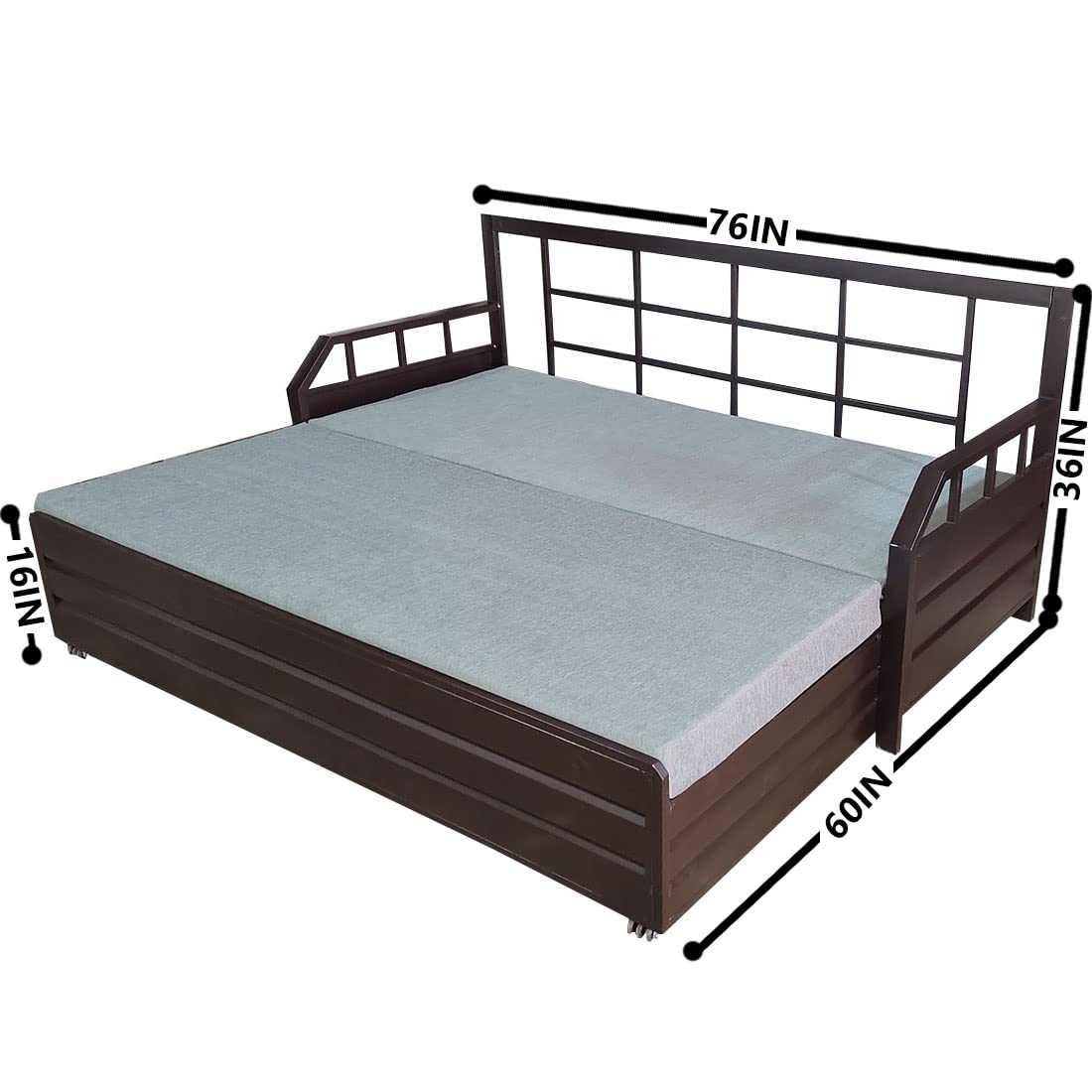 Elegant Queen Size 6X5 Metal Sofa Bed with Hydraulic Storage - 3 Seater, Grey Fabric Brown Matte Finish - Image 4