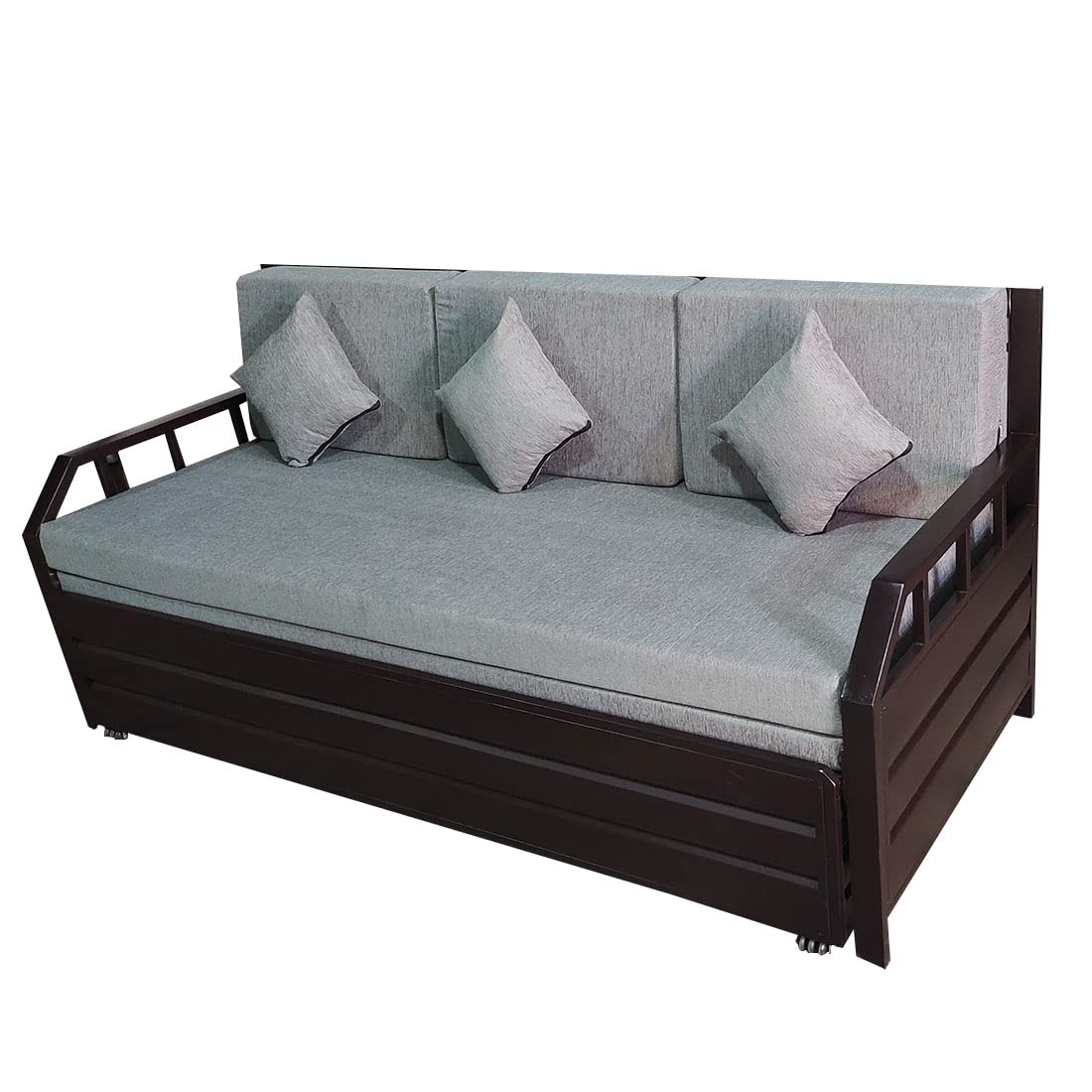 Elegant Queen Size 6X5 Metal Sofa Bed with Hydraulic Storage - 3 Seater, Grey Fabric Brown Matte Finish - Image 5