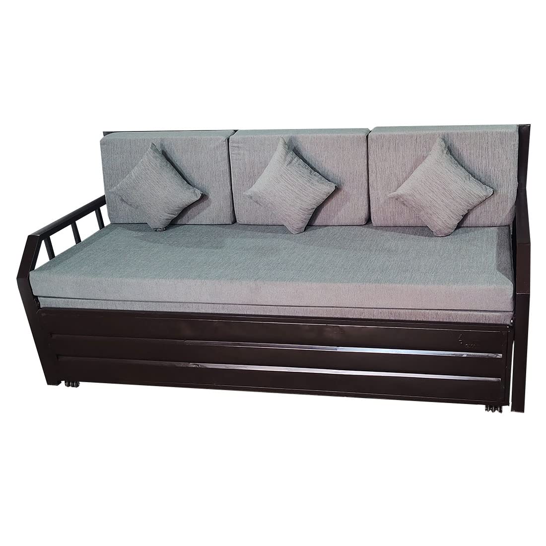 Elegant Queen Size 6X5 Metal Sofa Bed with Hydraulic Storage - 3 Seater, Grey Fabric Brown Matte Finish - Image 6