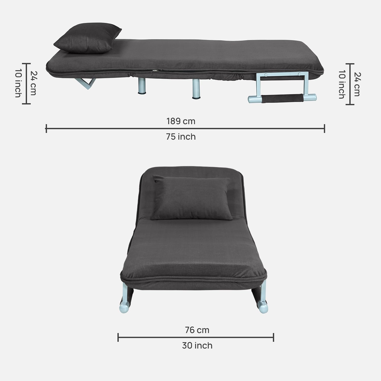 Metal Single Seater Foldable Sofa With Cushion & Armrests|Convertible Tri-Fold Sofa Cum Bed Couch with 5-Position Adjustable Backrest|3 in 1 Multi-Functional Sleeper Sofa,Dark Grey - Image 4
